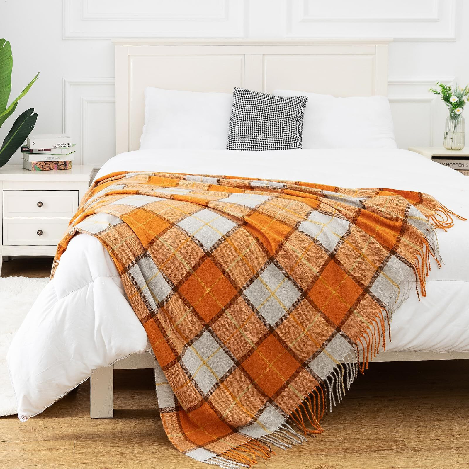 Quinnsus Orange Buffalo Plaid Throw Blanket For Couch  Soft Lightweight Fall Farmhouse Thanksgiving Throw Blankets Checkered Blanket With Tassels For Bed  Home Decor (50"&quotX60"")