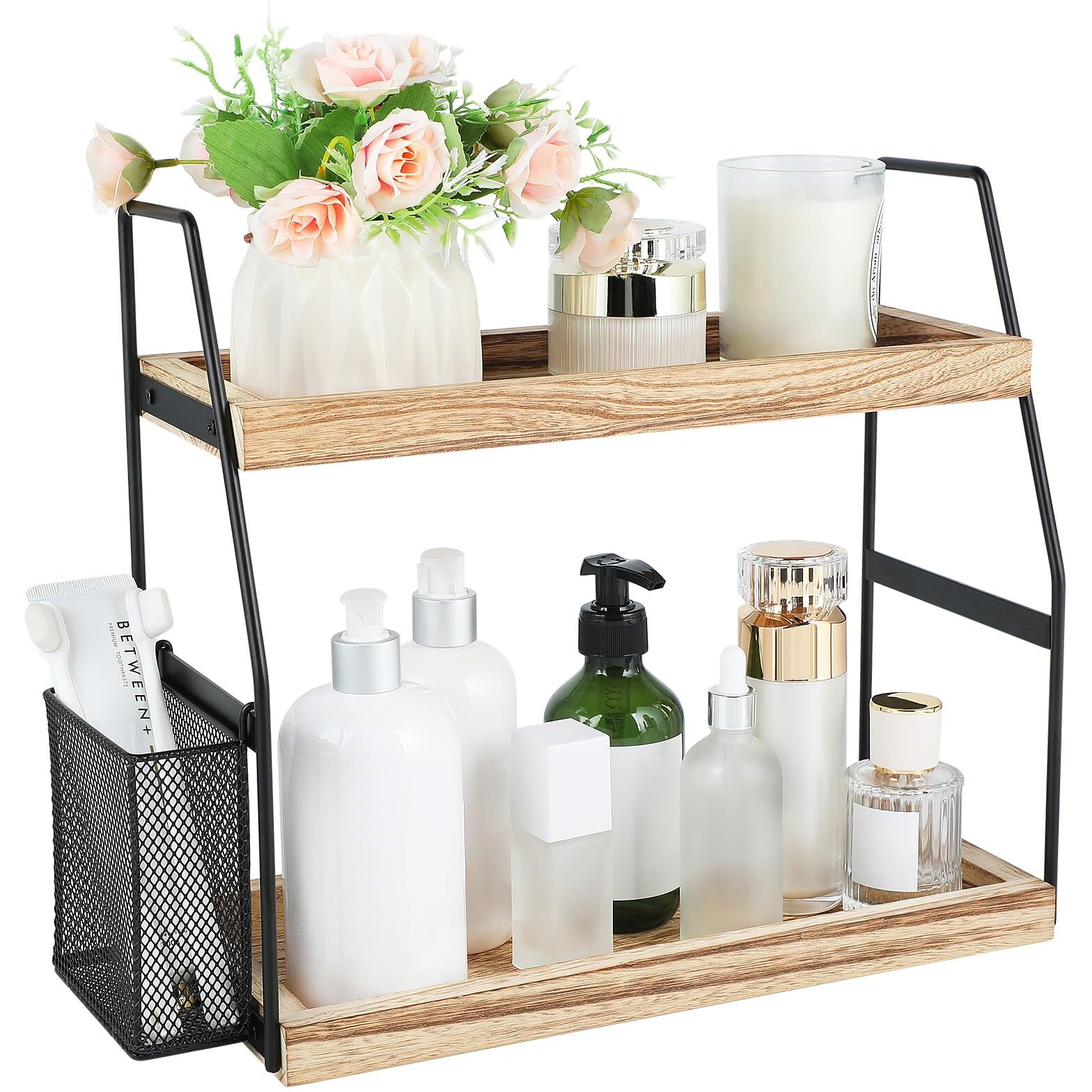 Bathroom Counter Organizer  2-Tier Standing Storage Shelf With Basket  Wood Tray For Skincare Vanity Organizer