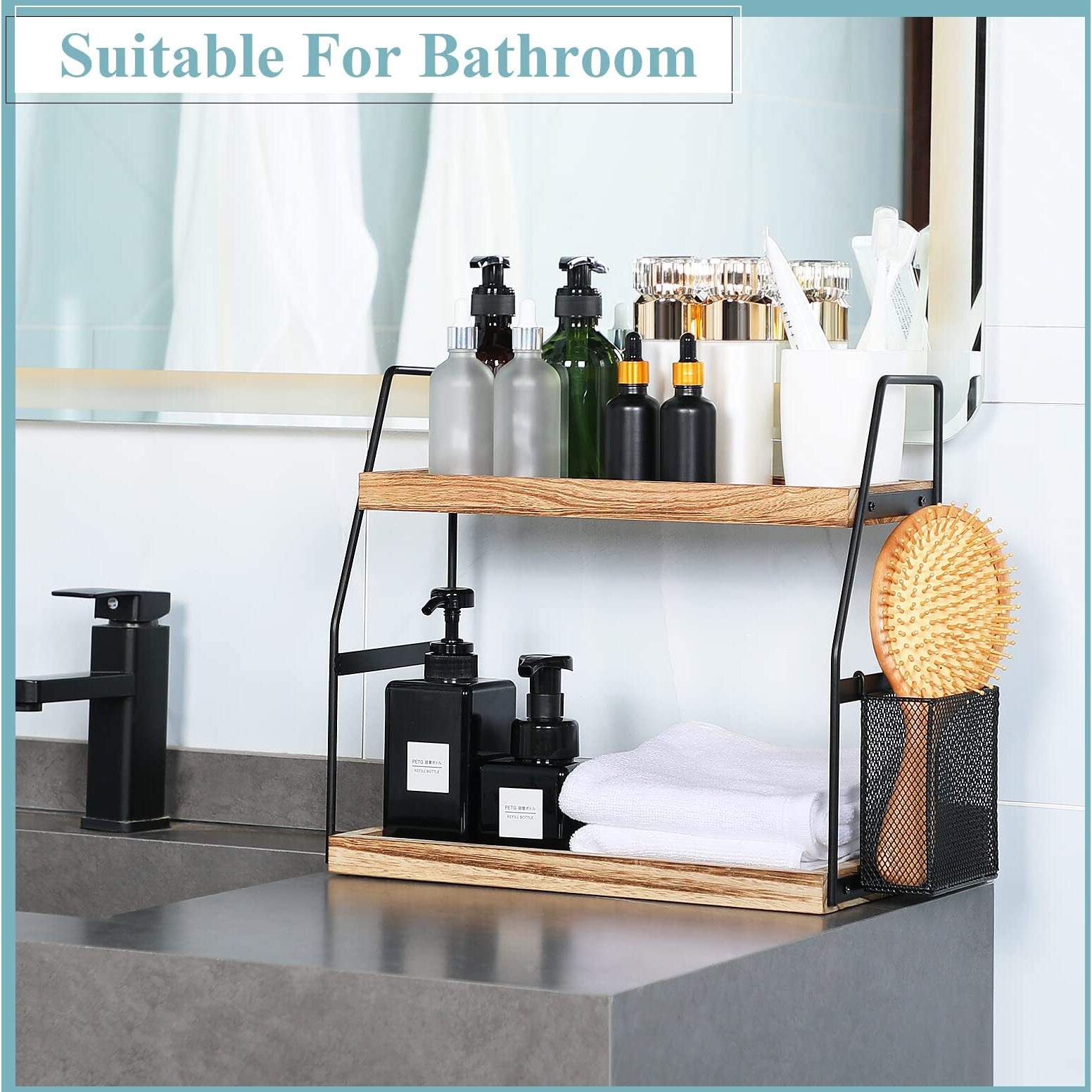 Bathroom Counter Organizer  2-Tier Standing Storage Shelf With Basket  Wood Tray For Skincare Vanity Organizer