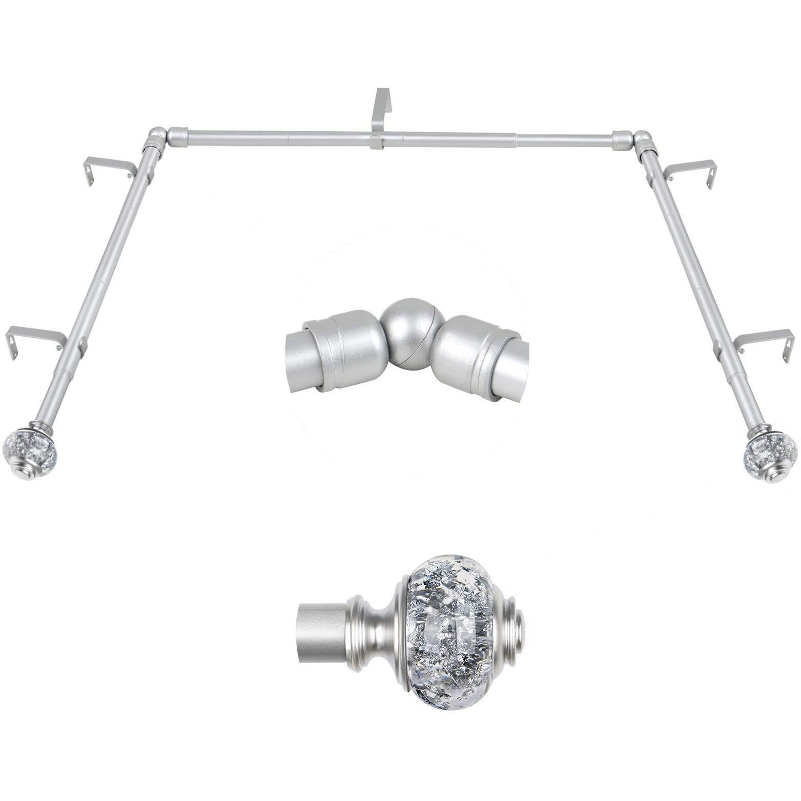 Bay Window Curtain Rods  Usfook Silver Curtain Rods For Bay Windows 32 To 86 Inch (Center Rod)  32 To 58 Inch Side Rods For Windows  Decorative Drapery Rods With Bling Finials