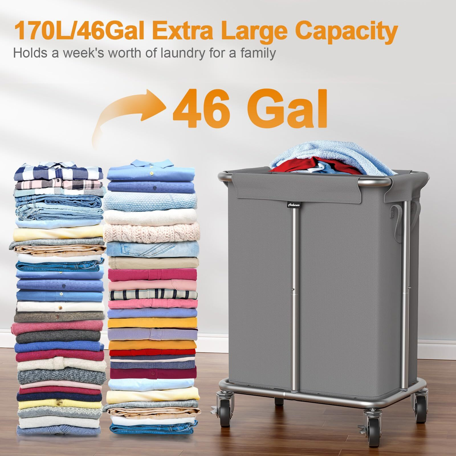 Hodonas Laundry Basket With Wheels  Rolling Laundry Hamper  46 Gallons (170L)  Removable And Machine Washable Liner  Steel Frame  Large Laundry Cart For Laundry Room  Bedroom  Bathroom  Dorm - Grey