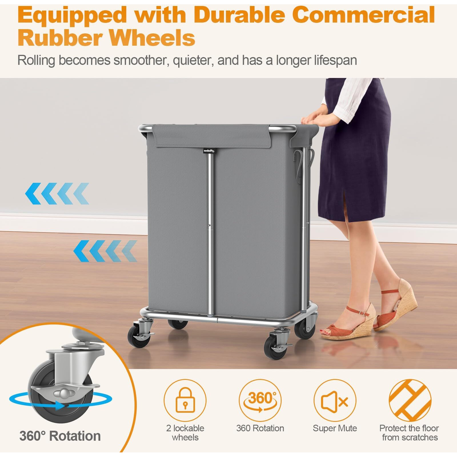 Hodonas Laundry Basket With Wheels  Rolling Laundry Hamper  46 Gallons (170L)  Removable And Machine Washable Liner  Steel Frame  Large Laundry Cart For Laundry Room  Bedroom  Bathroom  Dorm - Grey