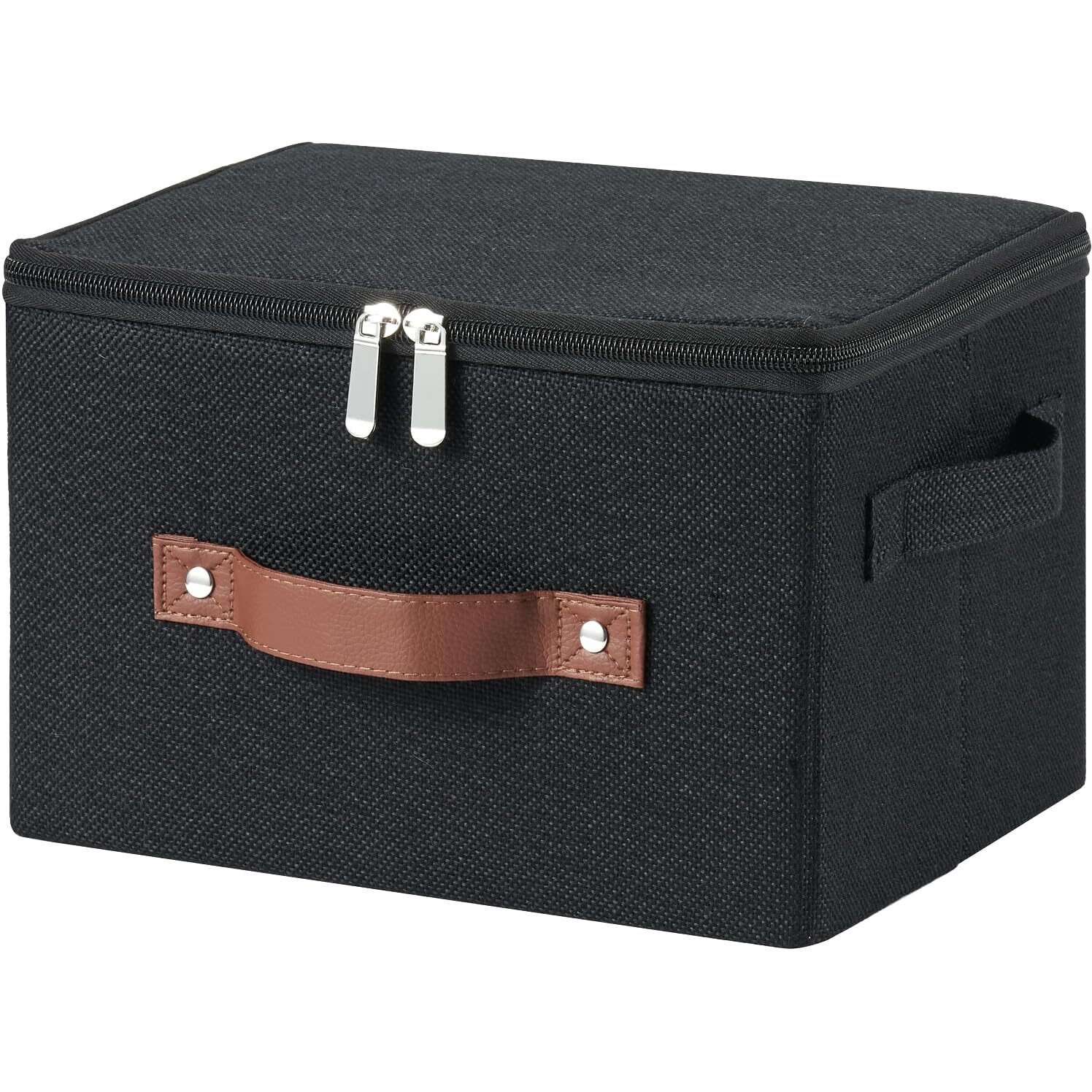Vinnegenzz Storage Bins With Zipper Lid Cotton Linen Fabric Lidded Storage Baskets Boxes Foldable Washable Closet Shelf Clothes Organizer Container With Pu Leather Handles (Black  Small Size)