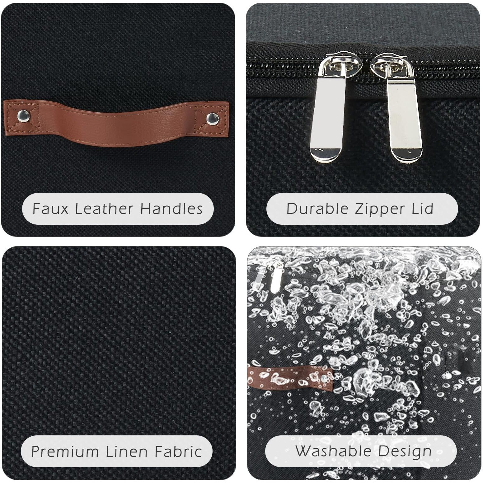 Vinnegenzz Storage Bins With Zipper Lid Cotton Linen Fabric Lidded Storage Baskets Boxes Foldable Washable Closet Shelf Clothes Organizer Container With Pu Leather Handles (Black  Small Size)