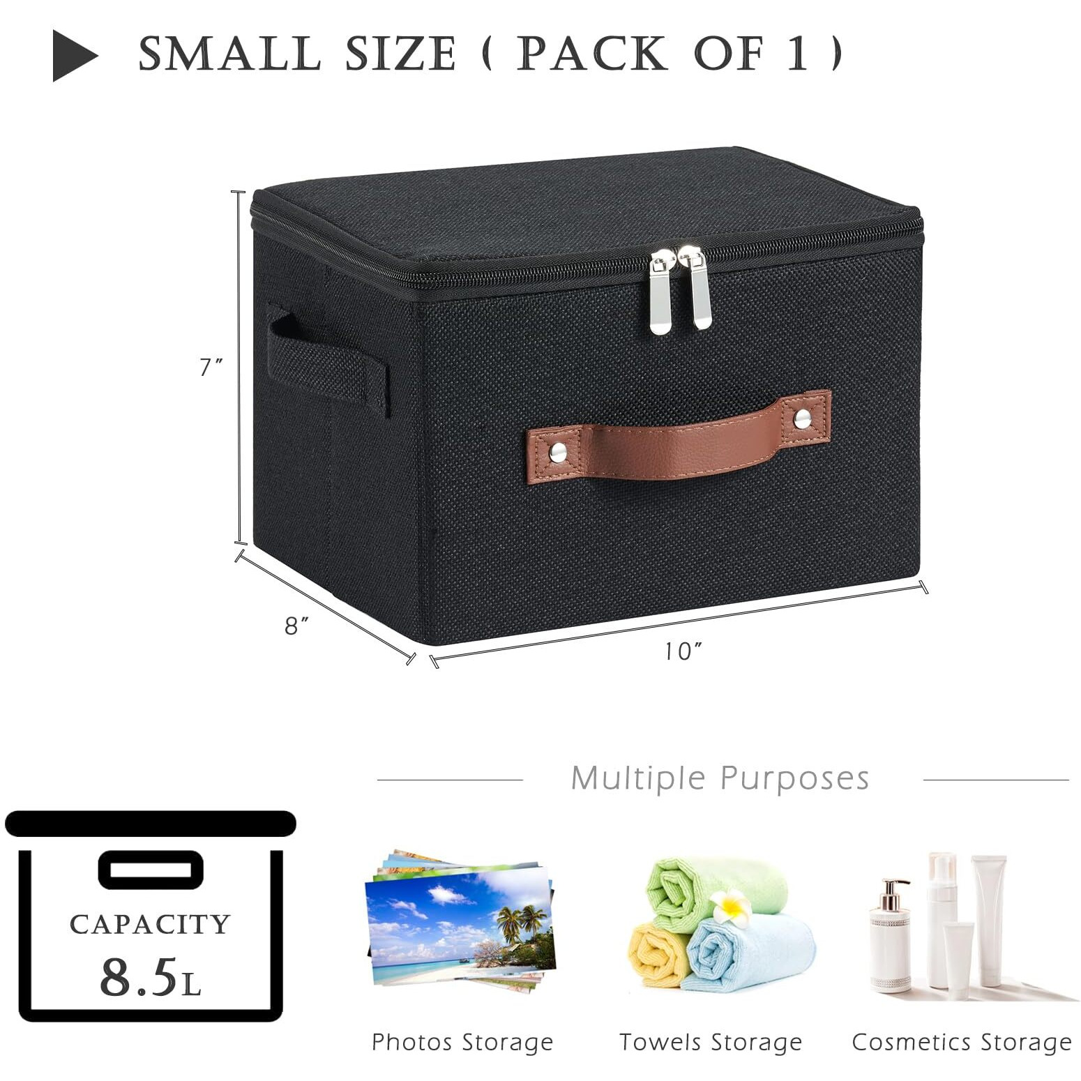 Vinnegenzz Storage Bins With Zipper Lid Cotton Linen Fabric Lidded Storage Baskets Boxes Foldable Washable Closet Shelf Clothes Organizer Container With Pu Leather Handles (Black  Small Size)
