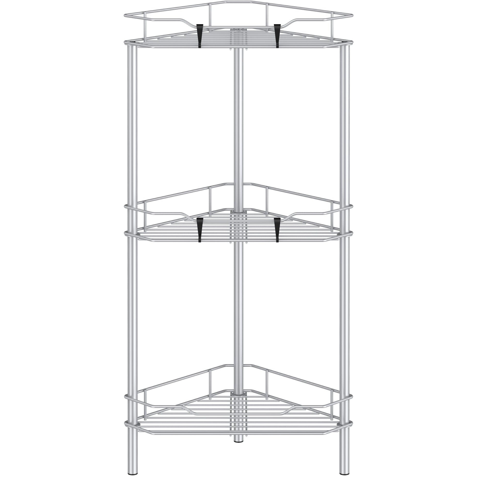 Huggiegems 3 Tier Floor Standing Corner Shower Caddy Organizer Shelf With Hooks  Bathroom Shelves Stand Rack  Silver