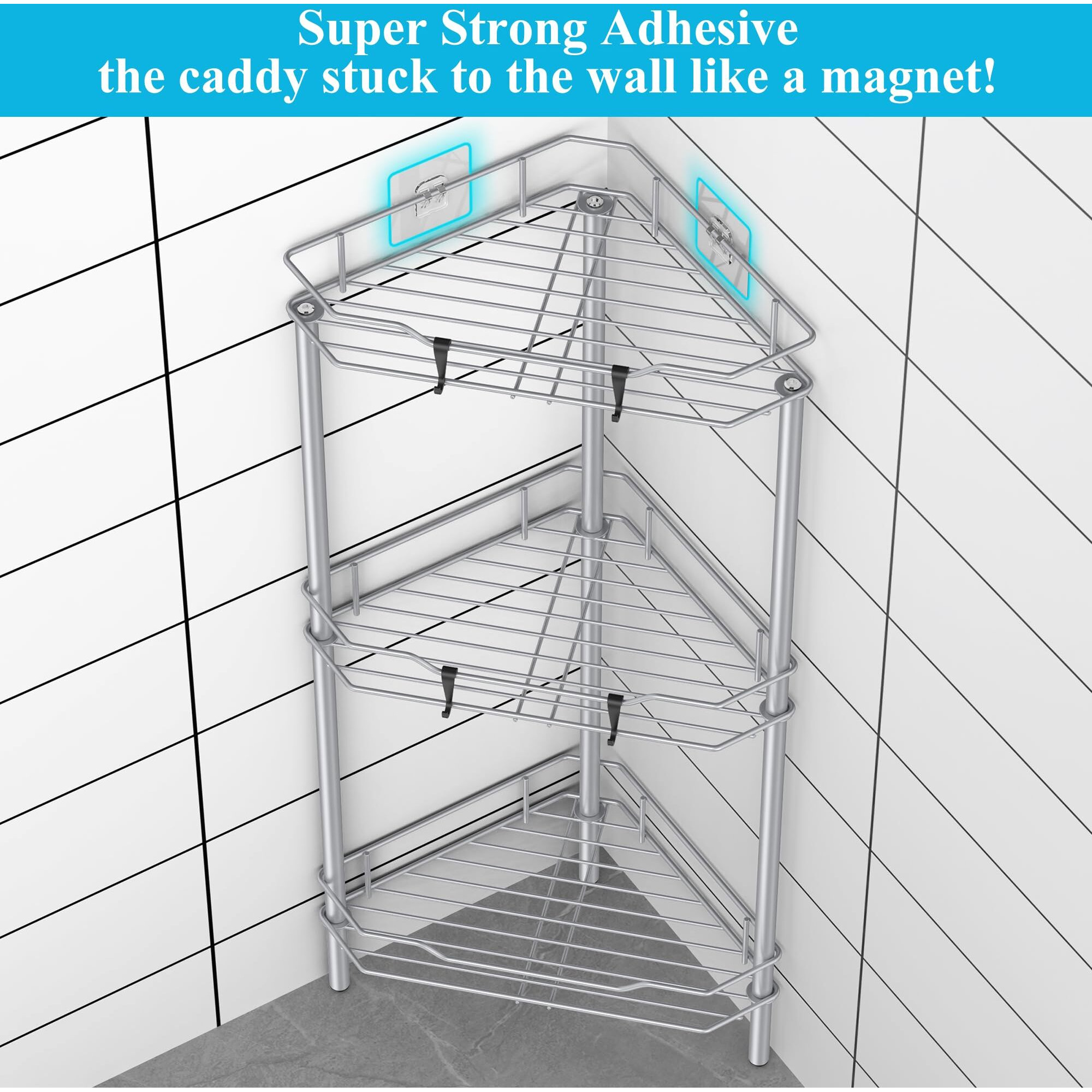 Huggiegems 3 Tier Floor Standing Corner Shower Caddy Organizer Shelf With Hooks  Bathroom Shelves Stand Rack  Silver