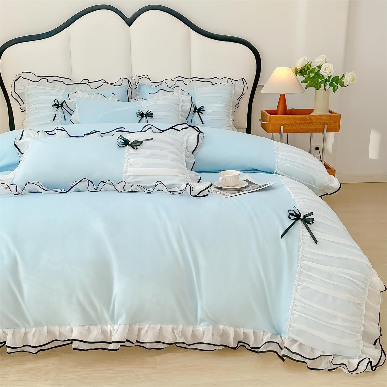 Ihoustriy Duvet Cover Queen Size  Ruffle Beddding Set With Bowtie  3 Pieces Comforter Cover Set With Zipper Closure  Girl Bedding With Pillowcase - Light Blue  Queen