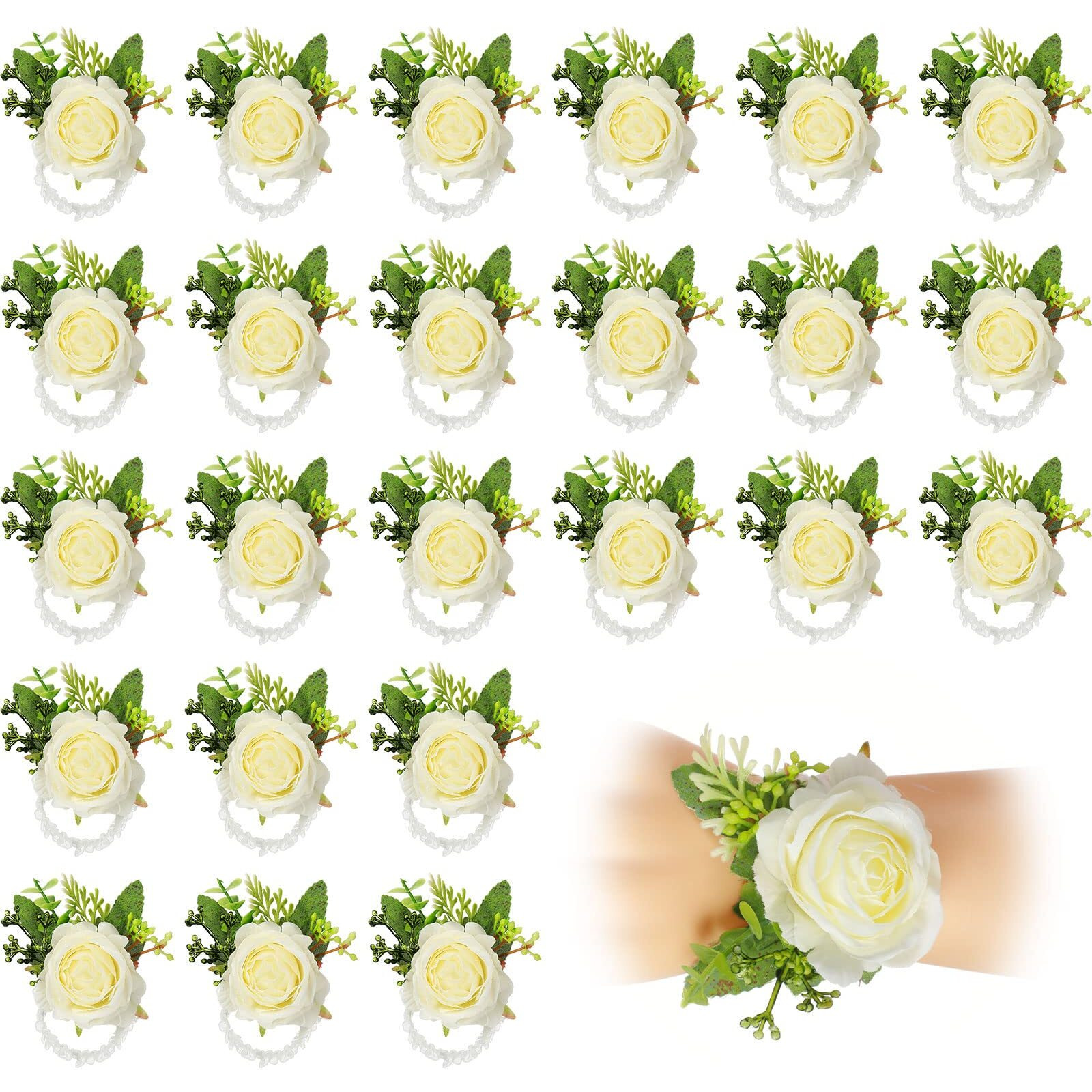 Sherr 24 Pcs Wedding Rose Wrist Corsage Wristlet Band For Bridal Bridesmaid Women Flowers Bracelets Decor Wedding Artificial Flowers For Party Prom Wedding Homecoming(White)