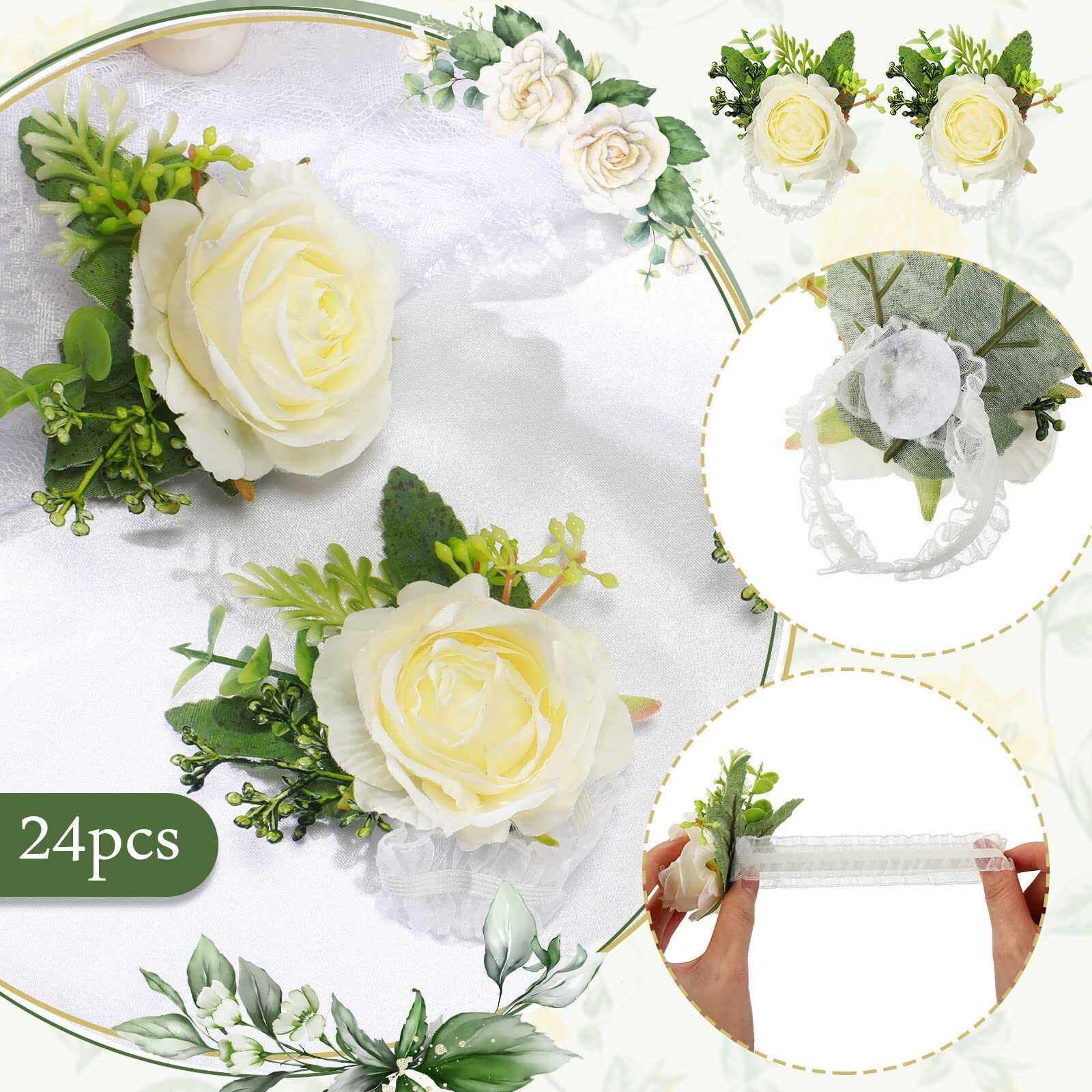 Sherr 24 Pcs Wedding Rose Wrist Corsage Wristlet Band For Bridal Bridesmaid Women Flowers Bracelets Decor Wedding Artificial Flowers For Party Prom Wedding Homecoming(White)