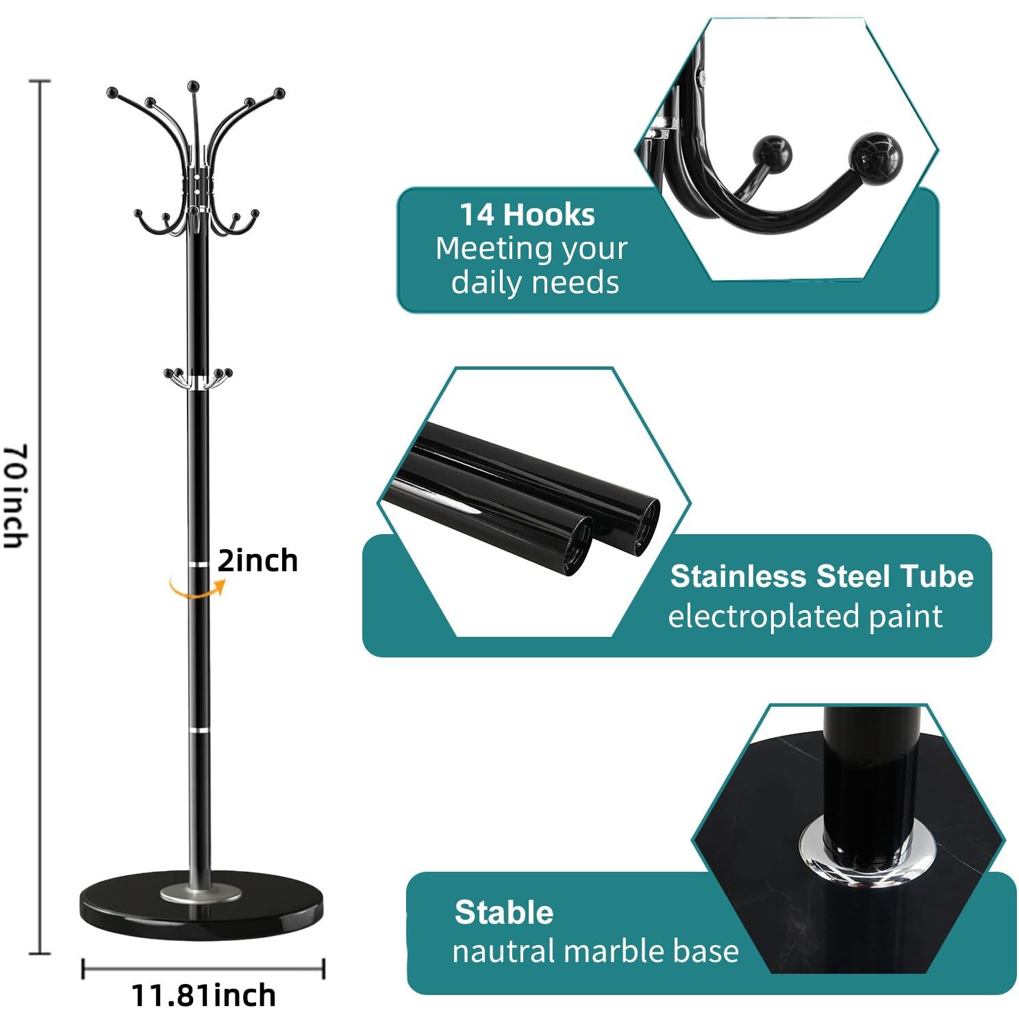 Oirumie Coat Rack With Natural Marble Base  Solid Stainless Steel Coat Rack Freestanding  Coat Rack Stand With 8 Hooks  Coat Tree Hats Hanger For Entryway  Hallway (Golden)