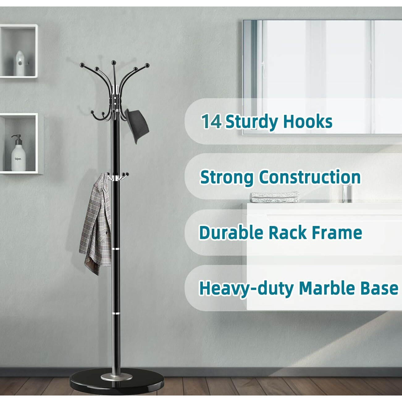 Oirumie Coat Rack With Natural Marble Base  Solid Stainless Steel Coat Rack Freestanding  Coat Rack Stand With 8 Hooks  Coat Tree Hats Hanger For Entryway  Hallway (Golden)