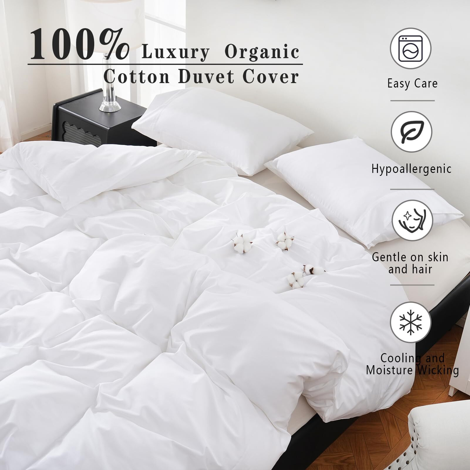 Overket 100% Organic Cotton Duvet Cover King Luxury 400 Thread Count Cotton Duvet Cover Sateen Comforter Cover Luxury Soft And Breathable Cooling Bedding Set 3 Piece(WhiteKing