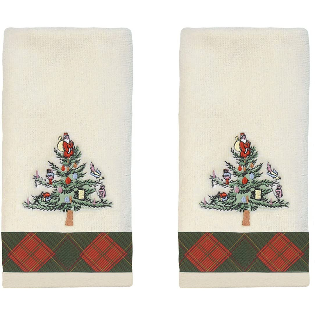 Spode - Fingertip Towels  Soft & Absorbent Cotton  Set Of 2 Christmas Tree Tartan Collection