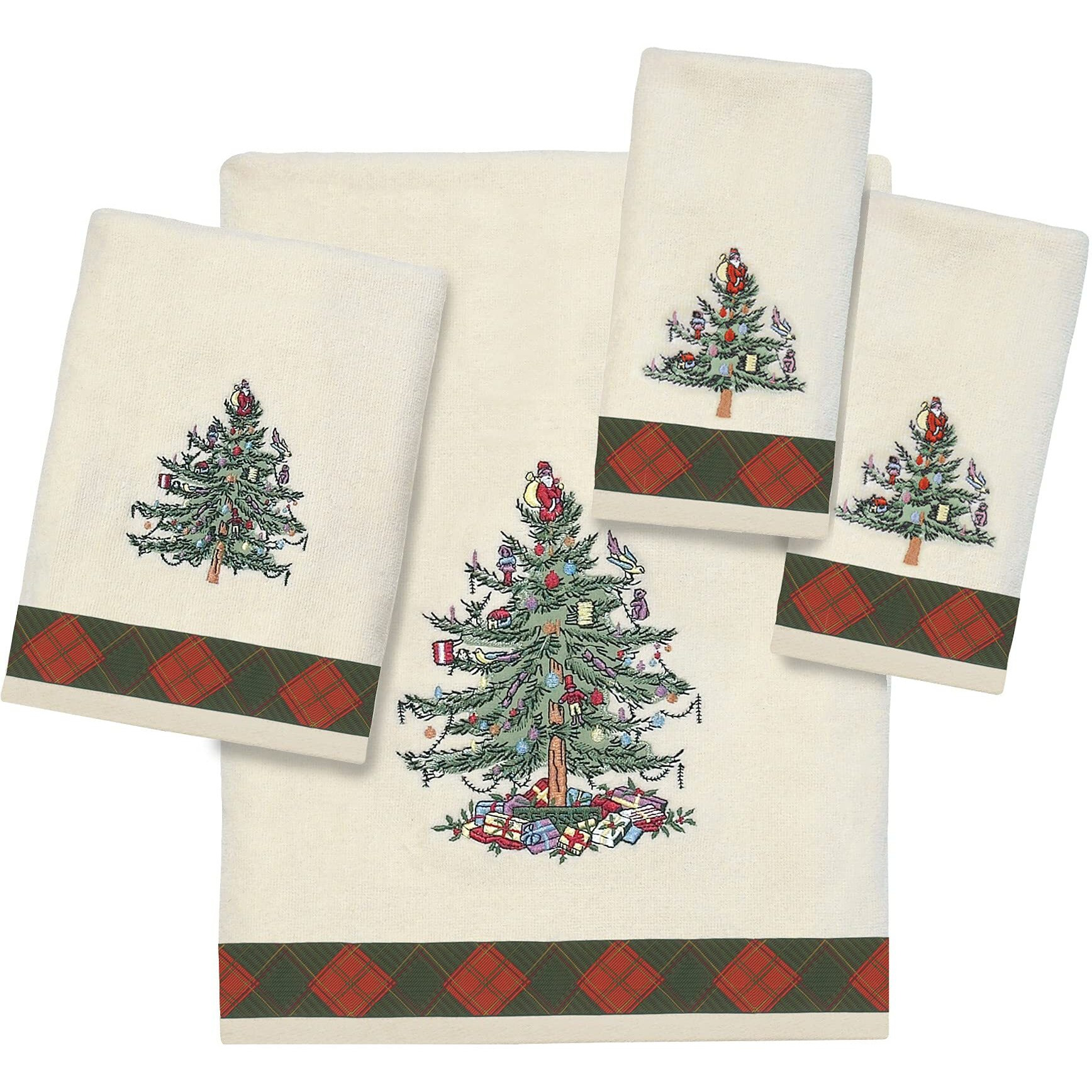 Spode - Fingertip Towels  Soft & Absorbent Cotton  Set Of 2 Christmas Tree Tartan Collection