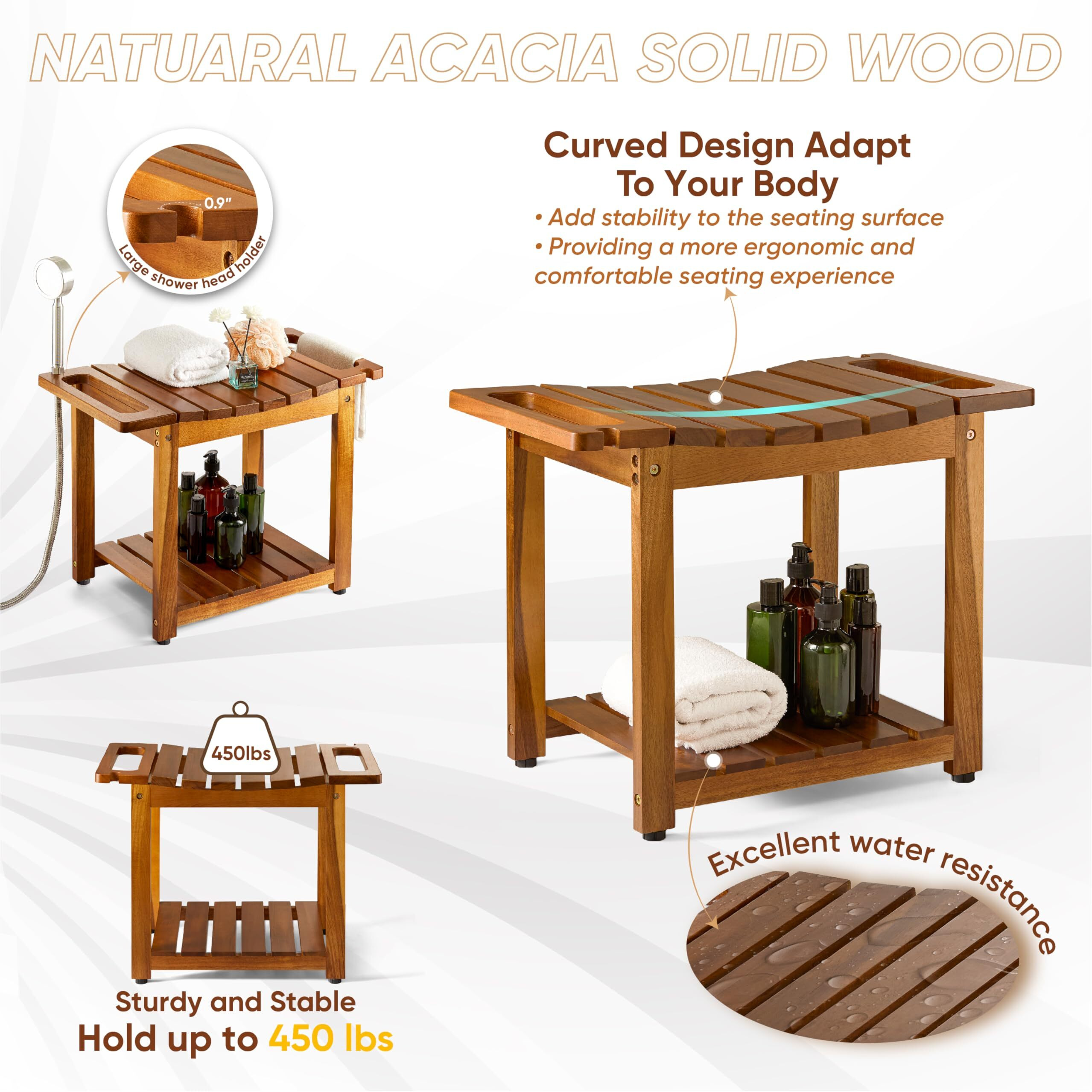 Bluewest Shower Bench Seat With Storage Shelf  Natural Wood Shower Benches For Inside Shower To Sit On  Waterproof Bathroom Spa Bench Stool For Legs Shaving With Built-In Handle & Shower Head Holder