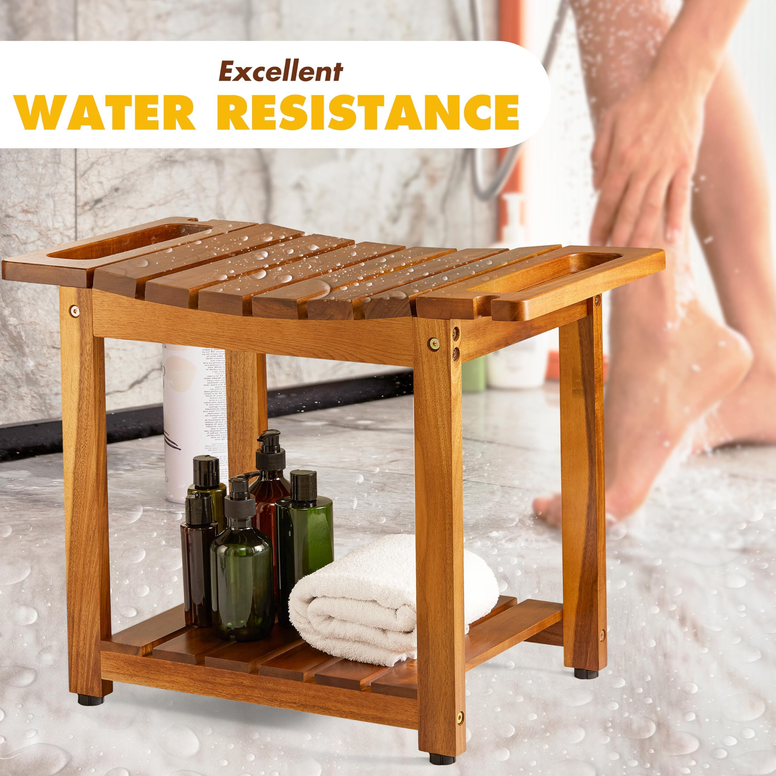 Bluewest Shower Bench Seat With Storage Shelf  Natural Wood Shower Benches For Inside Shower To Sit On  Waterproof Bathroom Spa Bench Stool For Legs Shaving With Built-In Handle & Shower Head Holder