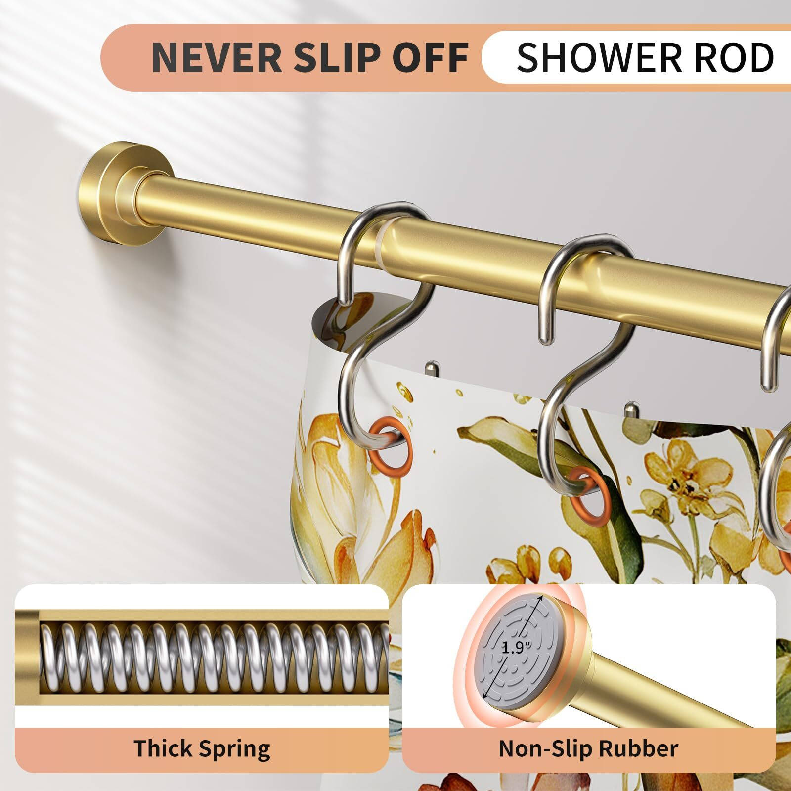 Emlaoe Gold Shower Curtain Rod 34-66 Inches(2.8-5.5Ft) Never Rust Adjustable Shower Rod Spring Tension Non Slip No Drilling Shower Rods For Bathroom Garland Window