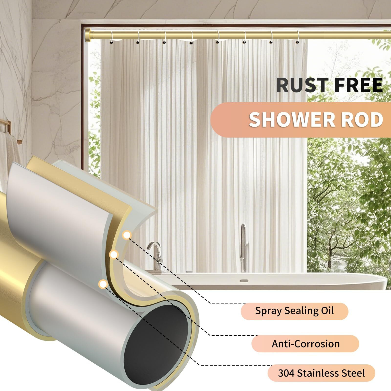 Emlaoe Gold Shower Curtain Rod 34-66 Inches(2.8-5.5Ft) Never Rust Adjustable Shower Rod Spring Tension Non Slip No Drilling Shower Rods For Bathroom Garland Window