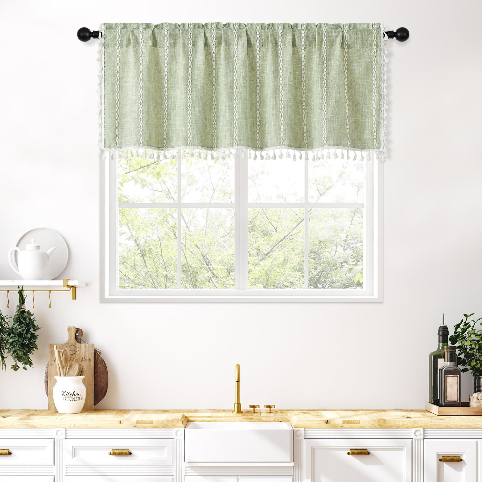 Mitovilla Boho Farmhouse Kitchen Valances For Windows  Sage Green French Country Valance Curtains For Living Room/Bedroom  Modern Rustic Cotton Linen Tassel Topper Window Curtain  52W X 18L