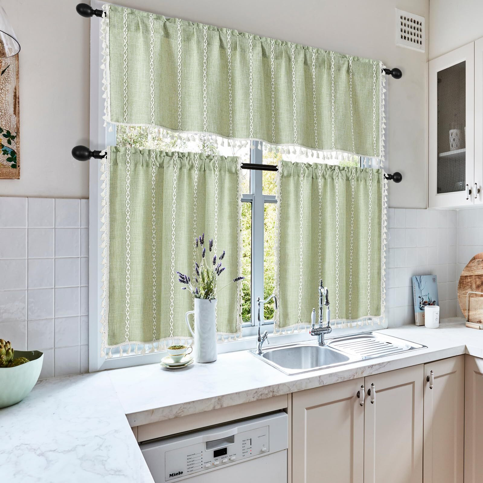 Mitovilla Boho Farmhouse Kitchen Valances For Windows  Sage Green French Country Valance Curtains For Living Room/Bedroom  Modern Rustic Cotton Linen Tassel Topper Window Curtain  52W X 18L