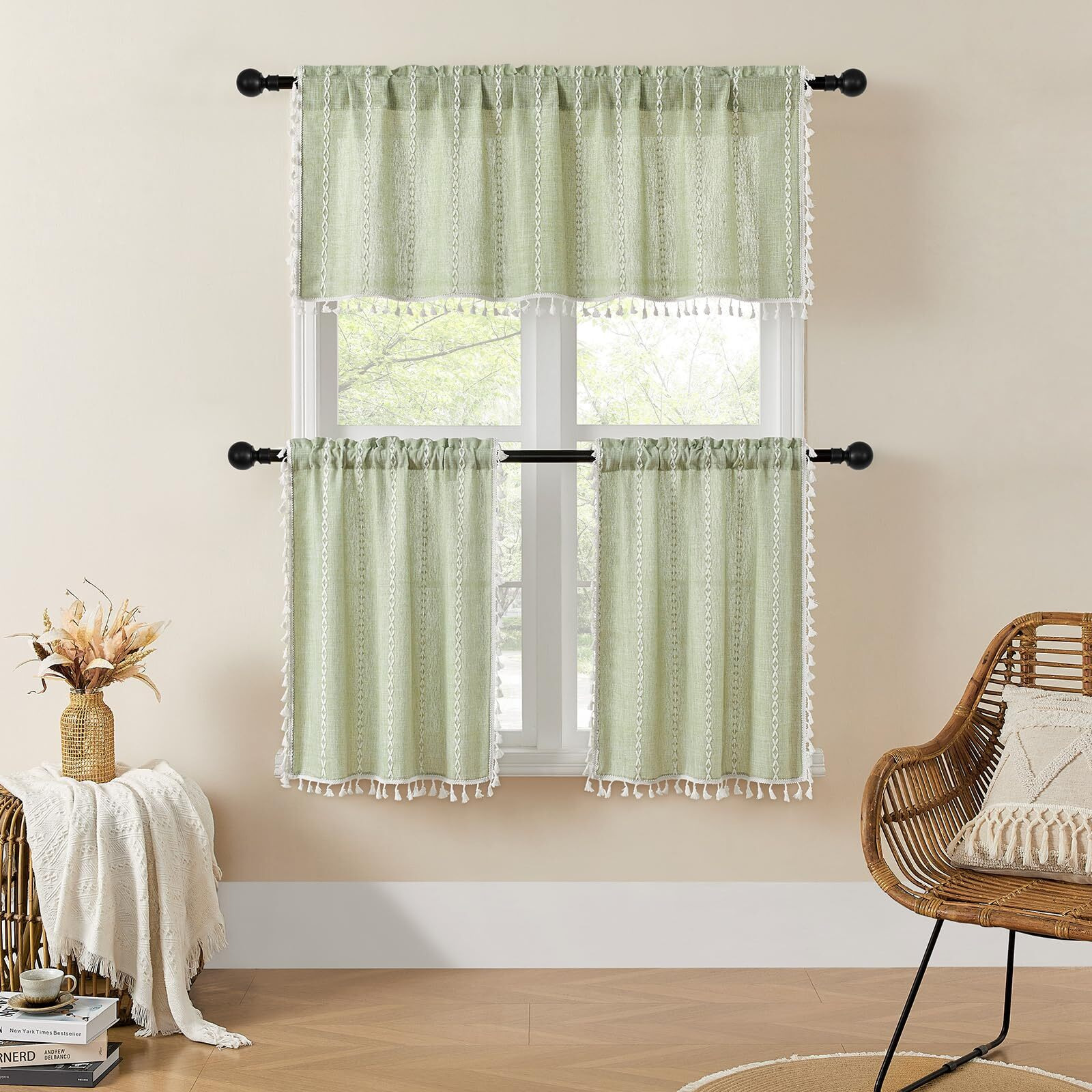 Mitovilla Boho Farmhouse Kitchen Valances For Windows  Sage Green French Country Valance Curtains For Living Room/Bedroom  Modern Rustic Cotton Linen Tassel Topper Window Curtain  52W X 18L
