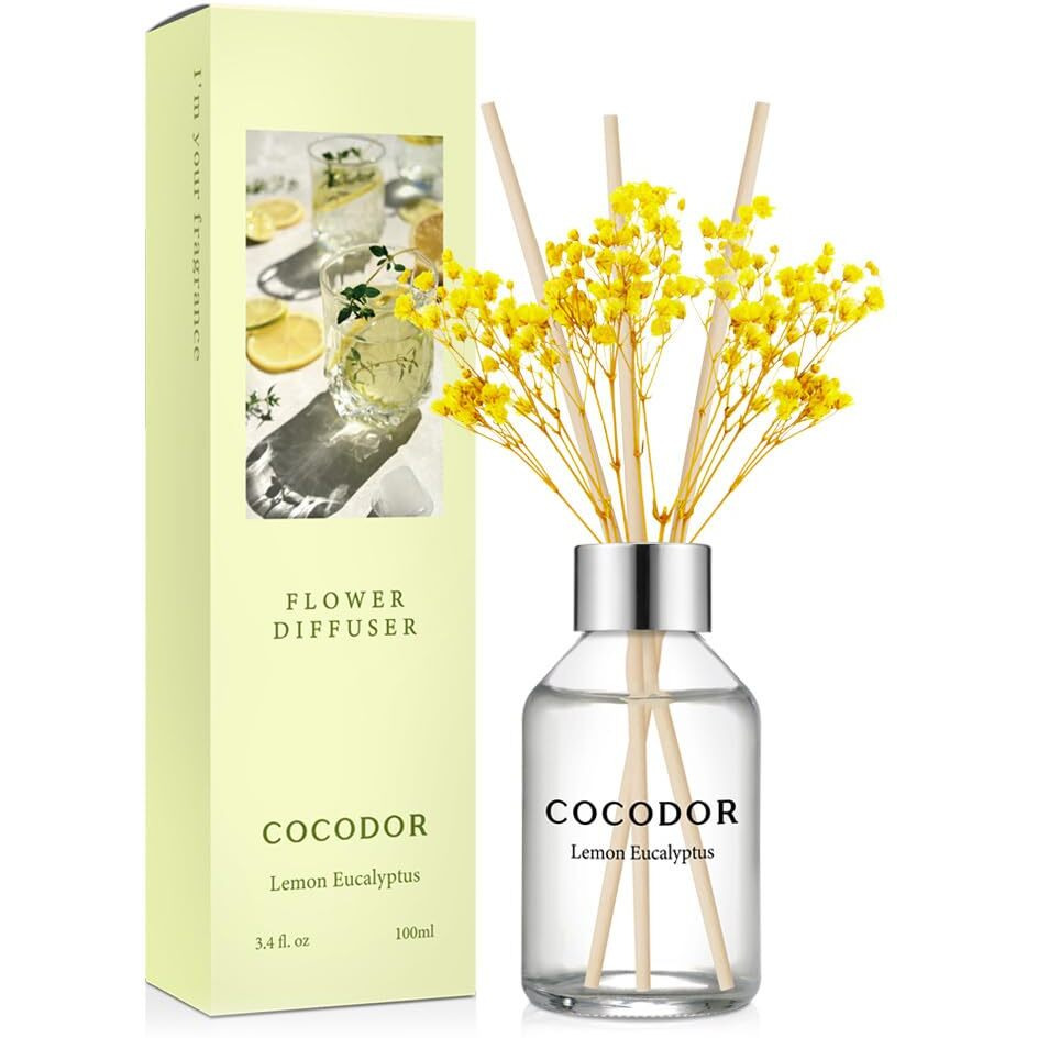 Cocodor Flower Reed Diffuser Set / 3.4Oz / Lemon Eucalyptus/Scent Diffuser With Sticks Home Fragrance Reed Diffuser For Bathroom Shelf Decor