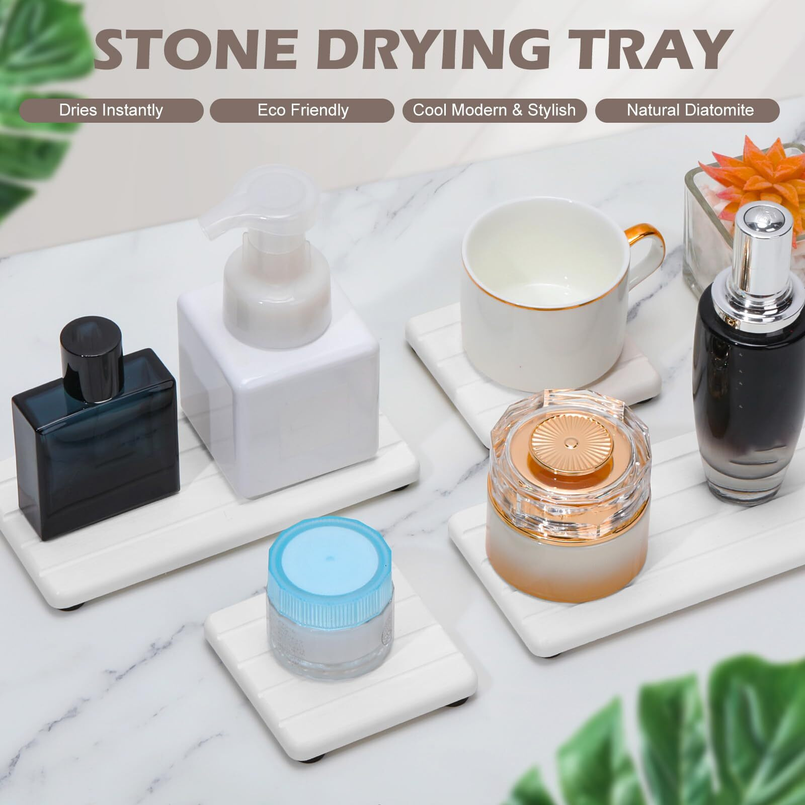 4Pcs Stone Drying Tray For Bathroom Sink And Kitchen Counter  Fast Drying Diatomite Stone Sink Tray  Stone Soap Tray  Diatomaceous Coaster  Vanity Tray  Water Absorbing Stone Tray For Sink