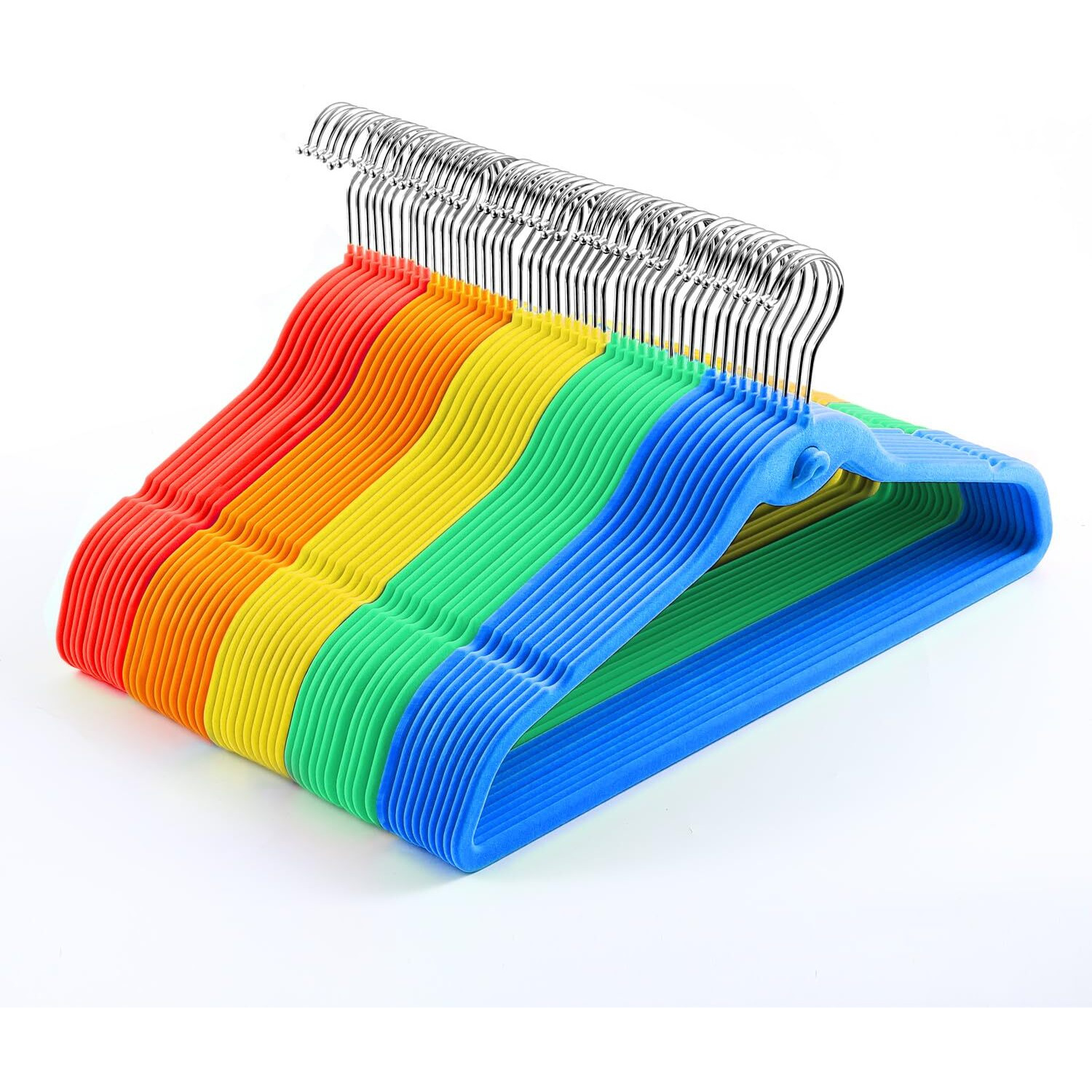 Multi-Color Premium Velvet Hangers With Mini Hooks  Pack Of 50  Non Slip  Space Saving Cascading Clothes Hangers  Rainbow Colors  Red  Orange  Yellow  Green  Blue