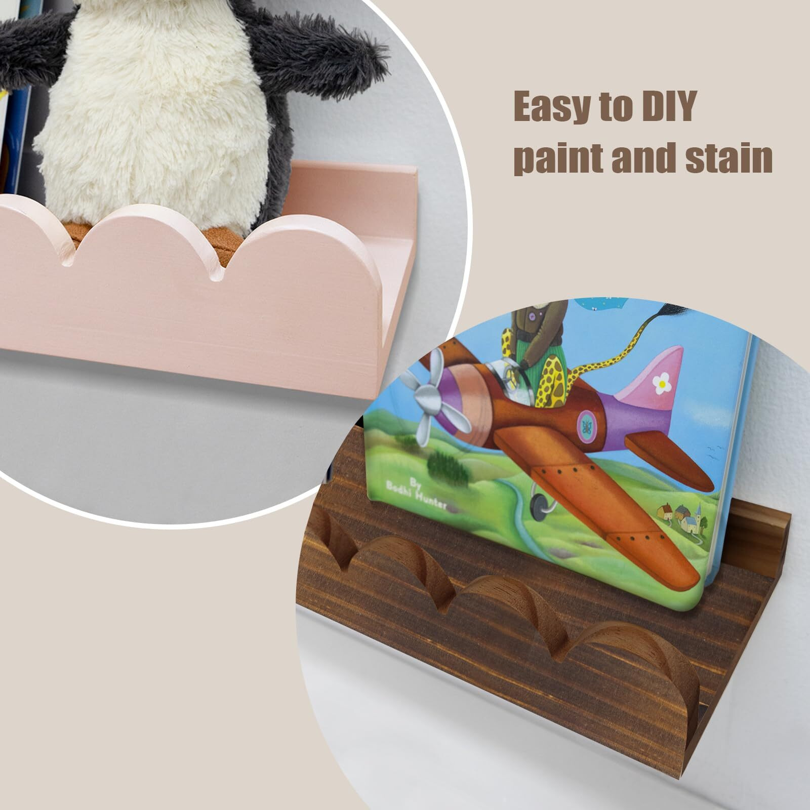 Icnjdmopclean Scalloped Shelves For Nursery - Wall Book Shelves For Bedroom Kids  Nursery Bookshelf For Wall Set Of 4  Floating Book Shelves Solid Wood 16 Inch  Natural