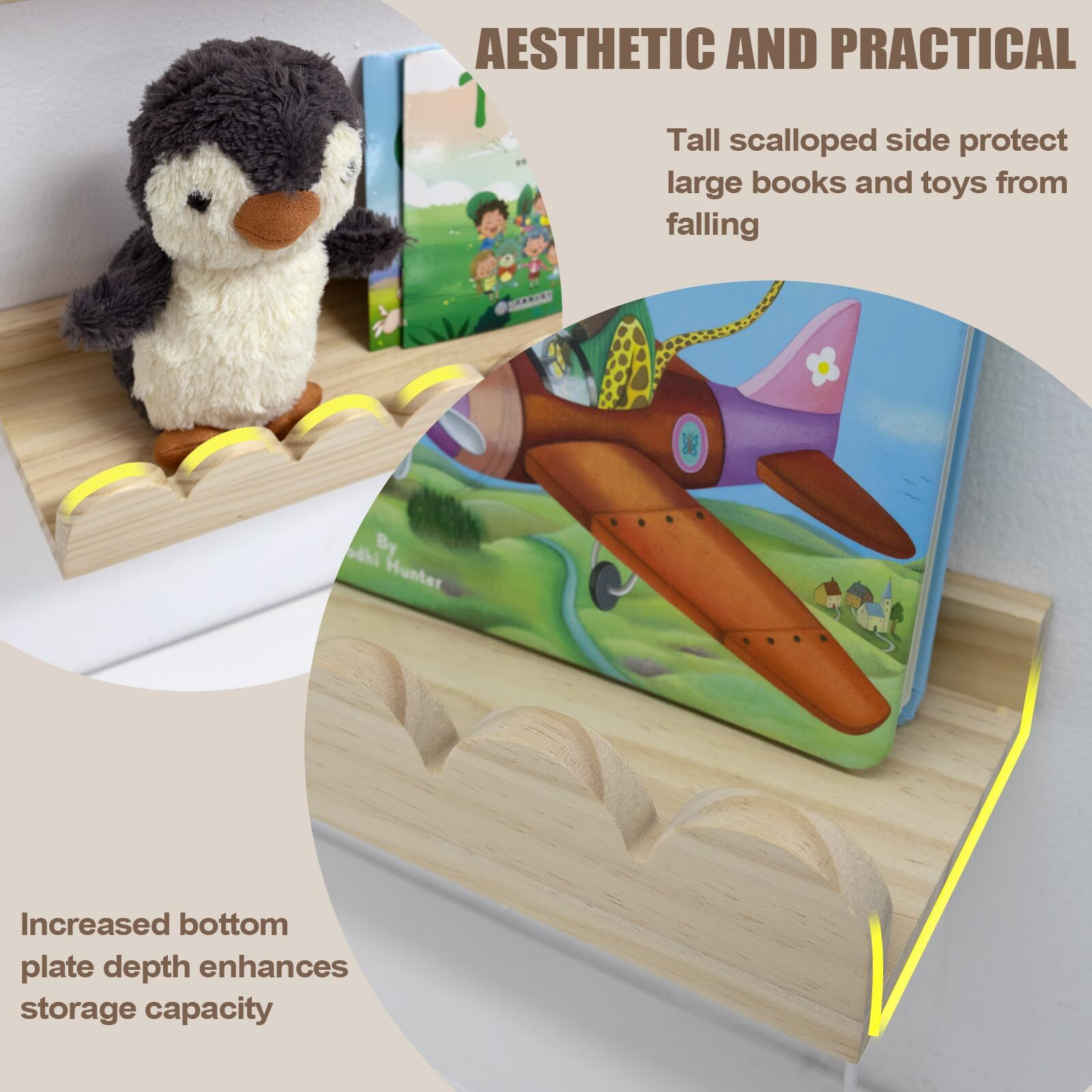 Icnjdmopclean Scalloped Shelves For Nursery - Wall Book Shelves For Bedroom Kids  Nursery Bookshelf For Wall Set Of 4  Floating Book Shelves Solid Wood 16 Inch  Natural