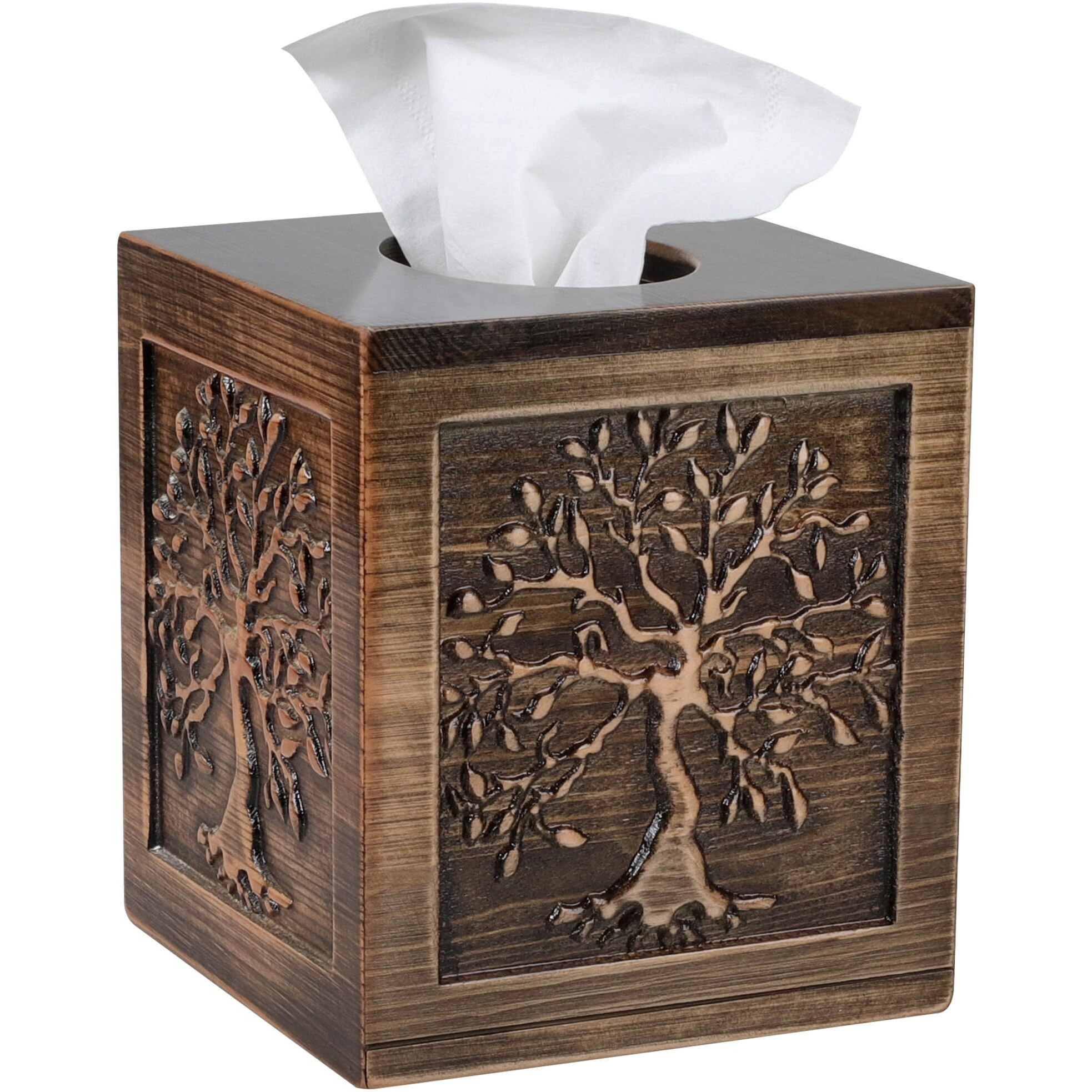 Ukwell Wood Carved Tissue Box Cover Square Brown Tissue Holder Lacquered Tree Of Life Design Rustic Vintage Home Decor For Bathrooom Bedroom Living Room