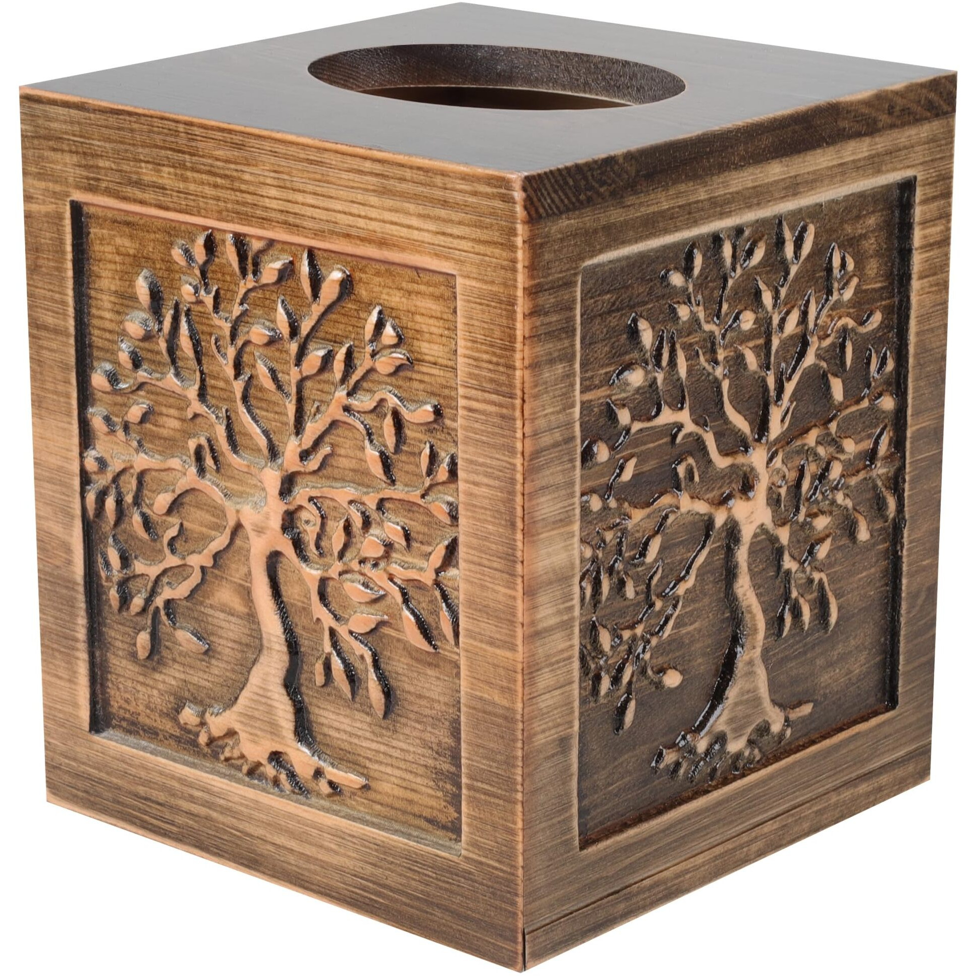 Ukwell Wood Carved Tissue Box Cover Square Brown Tissue Holder Lacquered Tree Of Life Design Rustic Vintage Home Decor For Bathrooom Bedroom Living Room