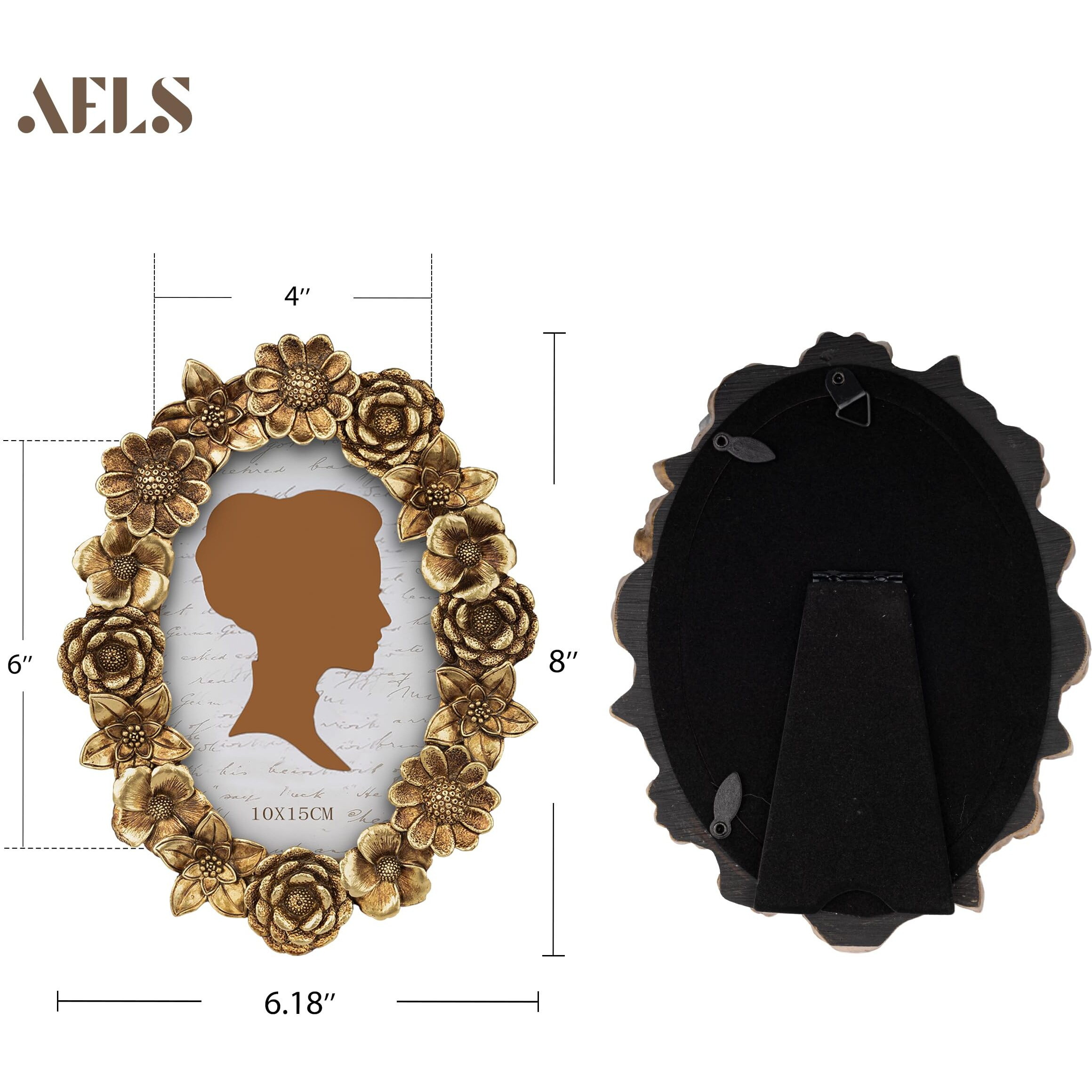 Aels 4X6 Inch Vintage Picture Frame  Elegant Antique Oval Photo Frames With Glass Front  Photo Display  Tabletop Wall Hanging  Gift Ideas  Gold Flower