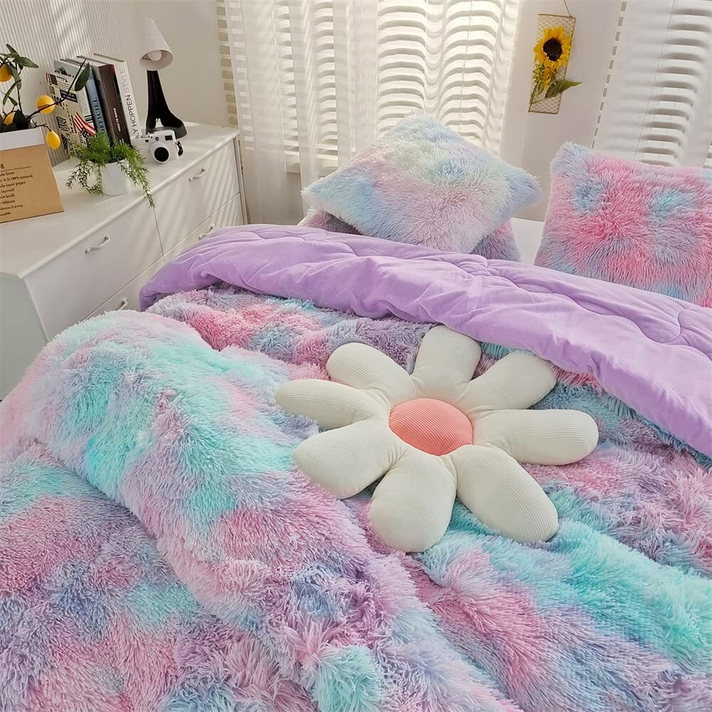 Roscloud Faux Fur Kids Girls Purple Rainbow Comforter Sets Queen - 3Pc Bed Set Warm Comfortable Soft Plush Flannel Velvet Fluffy Fuzzy Bedding(Comforter X 1 Pillowcases X 2)