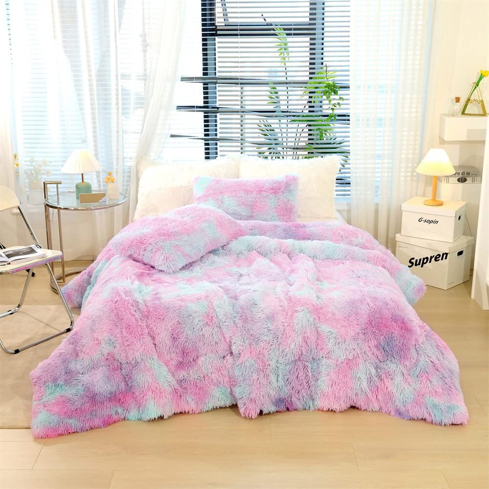Roscloud Faux Fur Kids Girls Purple Rainbow Comforter Sets Queen - 3Pc Bed Set Warm Comfortable Soft Plush Flannel Velvet Fluffy Fuzzy Bedding(Comforter X 1 Pillowcases X 2)