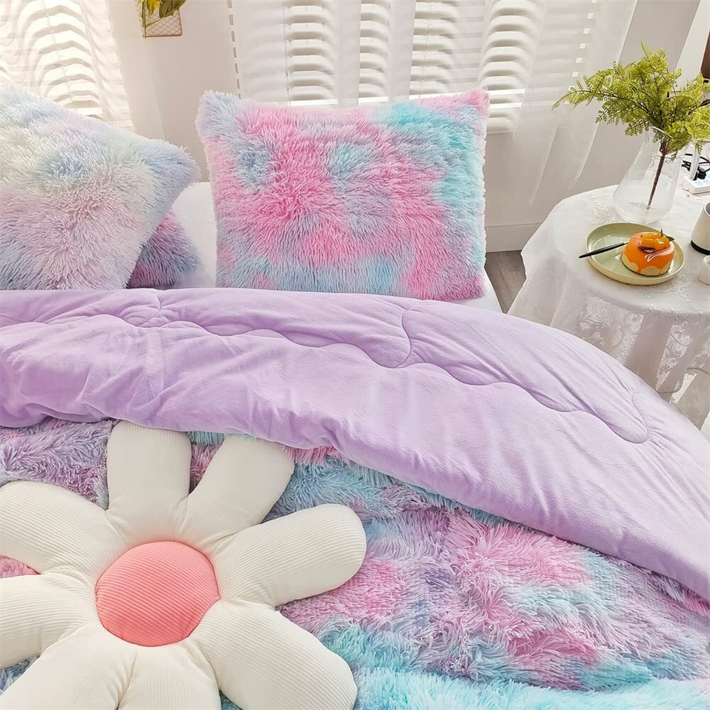 Roscloud Faux Fur Kids Girls Purple Rainbow Comforter Sets Queen - 3Pc Bed Set Warm Comfortable Soft Plush Flannel Velvet Fluffy Fuzzy Bedding(Comforter X 1 Pillowcases X 2)