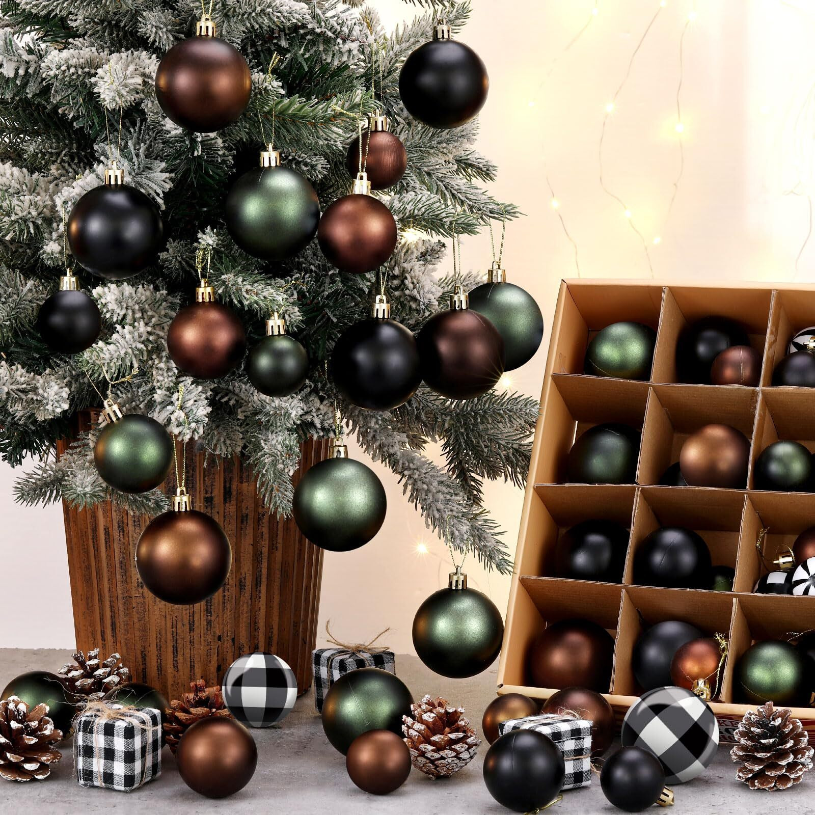 Lunmon 64 Pcs Neutral Christmas Ball Ornaments Bulk Matt Glitter Check Brown Green Black Christmas Ornament Hanging Xmas Decoration 1.6/1.97/2.4 Inch Assorted Size Christmas Ornament For Tree