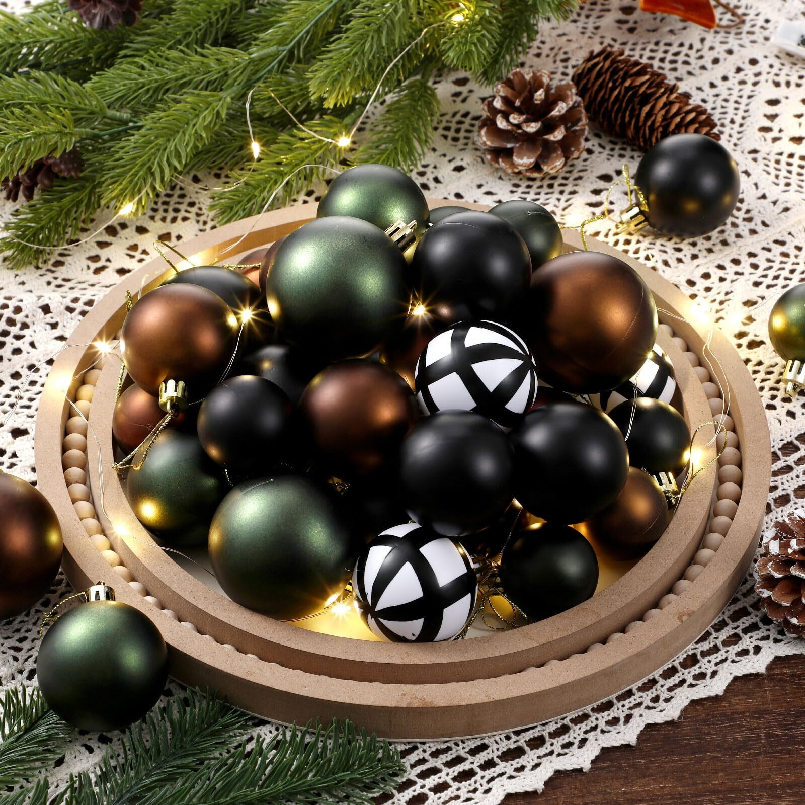 Lunmon 64 Pcs Neutral Christmas Ball Ornaments Bulk Matt Glitter Check Brown Green Black Christmas Ornament Hanging Xmas Decoration 1.6/1.97/2.4 Inch Assorted Size Christmas Ornament For Tree