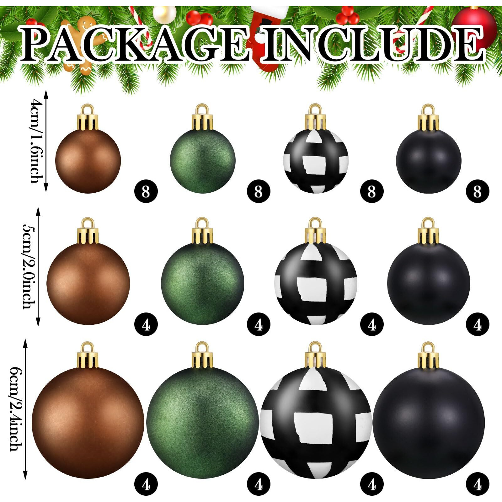 Lunmon 64 Pcs Neutral Christmas Ball Ornaments Bulk Matt Glitter Check Brown Green Black Christmas Ornament Hanging Xmas Decoration 1.6/1.97/2.4 Inch Assorted Size Christmas Ornament For Tree