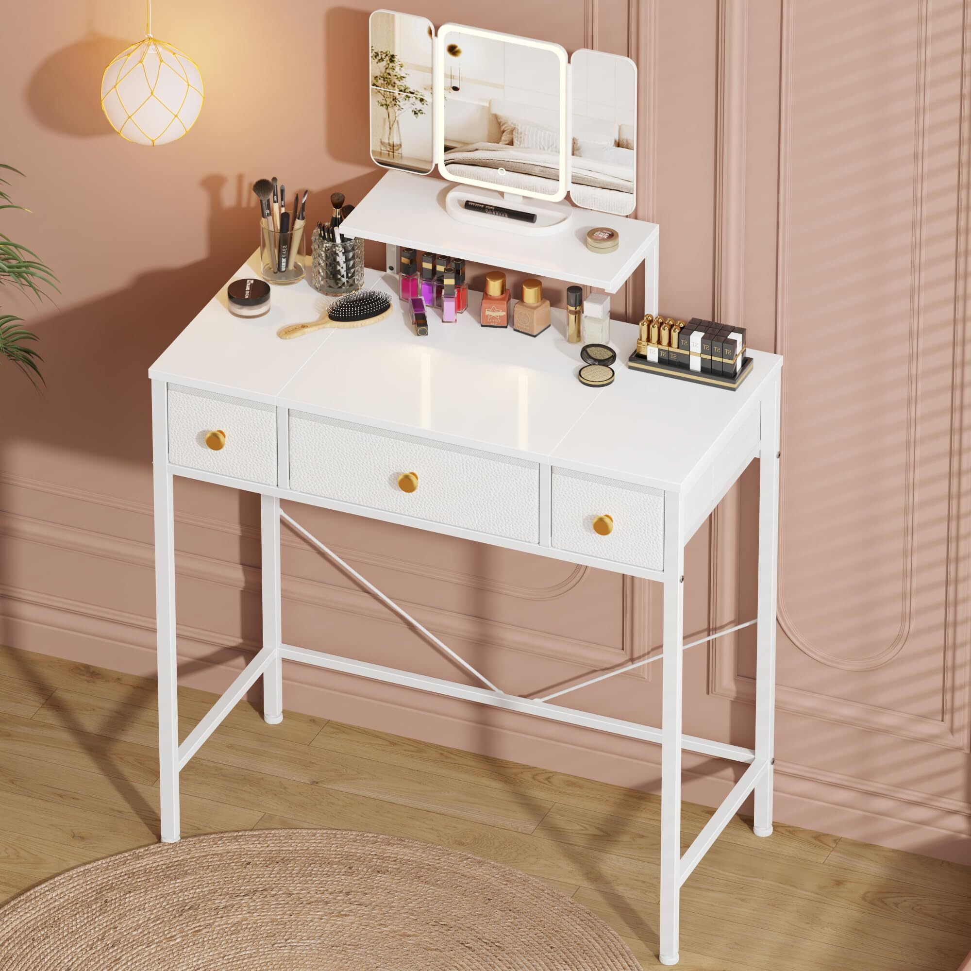Higdbfe Makeup Vanity Desk With Mirror And Lights & 3 Drawers  Small Vanity Desk With Height-Adjustable Stand  Vanity Table For Girls Gifts  Bedroom And Small Spaces  Fabric Drawer  27.5''  White