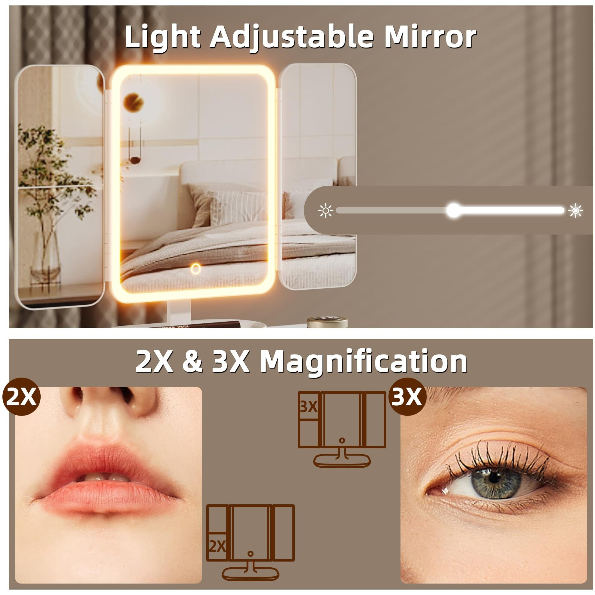 Higdbfe Makeup Vanity Desk With Mirror And Lights & 3 Drawers  Small Vanity Desk With Height-Adjustable Stand  Vanity Table For Girls Gifts  Bedroom And Small Spaces  Fabric Drawer  27.5''  White