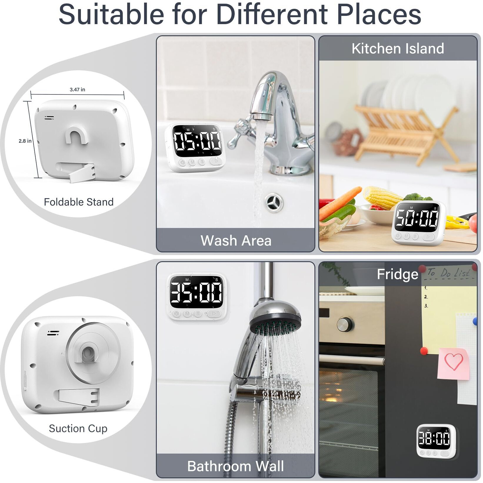 Haukinix Shower Timer Waterproof Bathroom Timer Toilet Timer Digital Kitchen Timer For Wall Mount  Study Timer W/Foldable Stand  Countdown Timer Stopwatch W/Suction Cup For Swim  Rechargeable  White