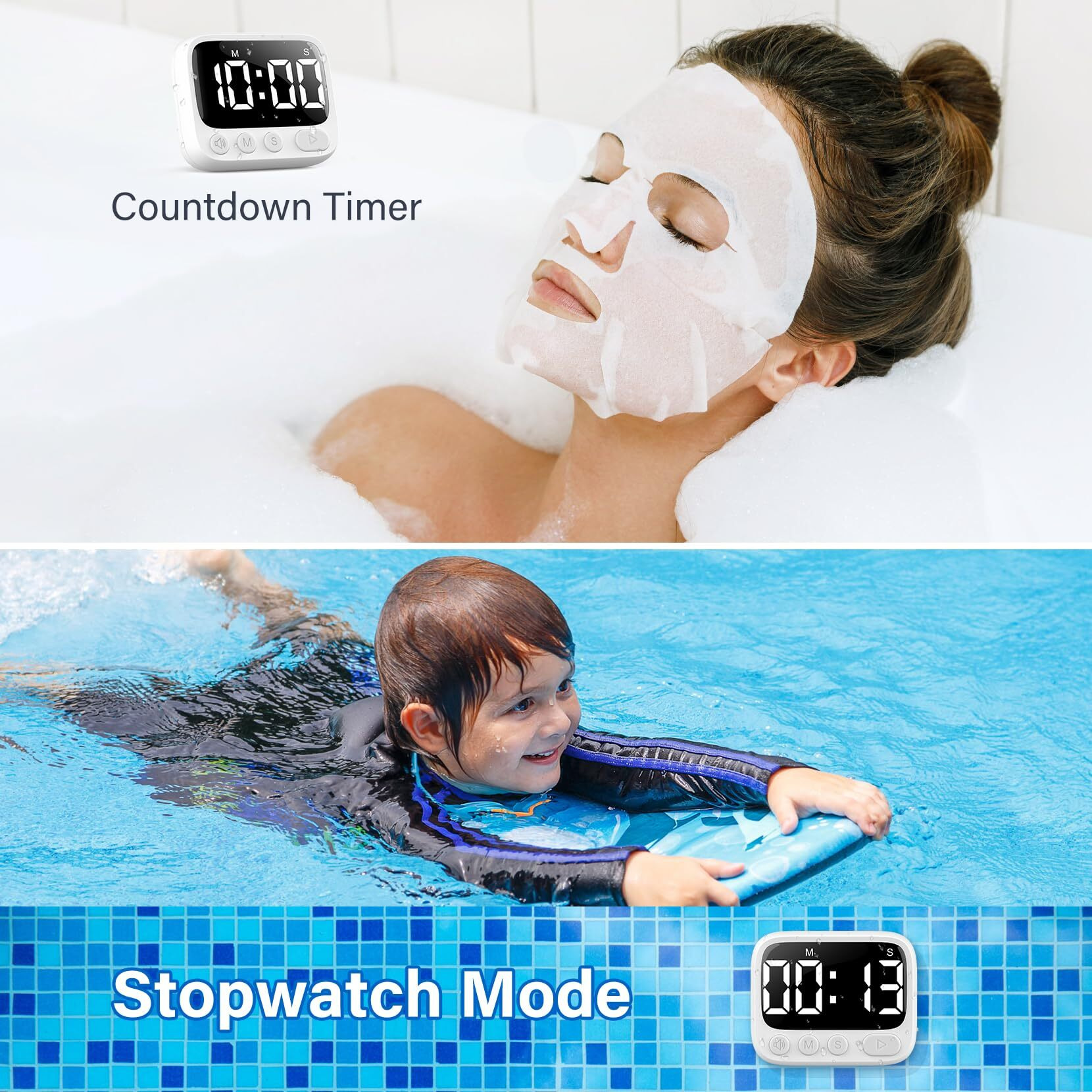 Haukinix Shower Timer Waterproof Bathroom Timer Toilet Timer Digital Kitchen Timer For Wall Mount  Study Timer W/Foldable Stand  Countdown Timer Stopwatch W/Suction Cup For Swim  Rechargeable  White