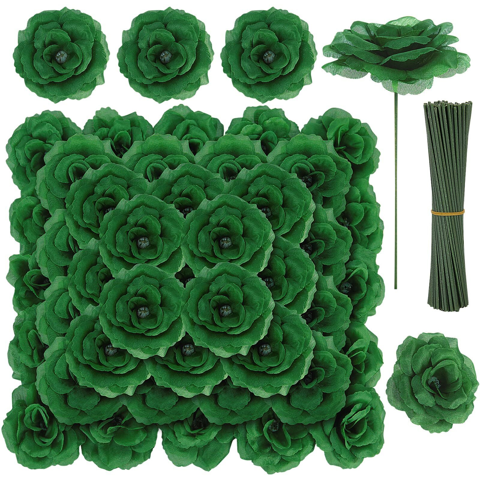 Lelee Rose Head Flowers With Stem - 108Pcs Emerald Green Rose Artificial Flowers Bulk - Silk Rose Fake Flower For Wedding Bouquet Party Home Decor Diy Centerpieces Tables St Patrick's Day Decoration