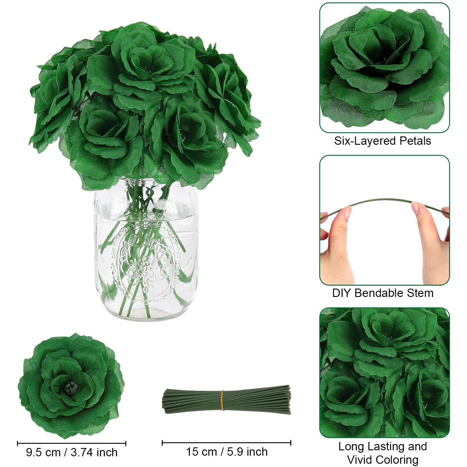 Lelee Rose Head Flowers With Stem - 108Pcs Emerald Green Rose Artificial Flowers Bulk - Silk Rose Fake Flower For Wedding Bouquet Party Home Decor Diy Centerpieces Tables St Patrick's Day Decoration