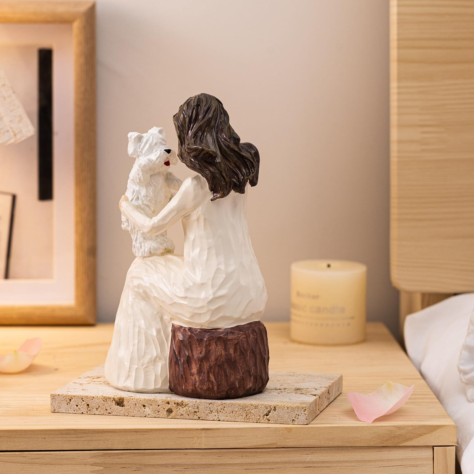 Elegondrar Woman With Dog Figurines  Westie Gifts For Dog Lovers  Ideal For Birthday  Thanksgiving  Christmas  White Hand-Painted Sculpture For Home Office Tabletop Shelf Decor