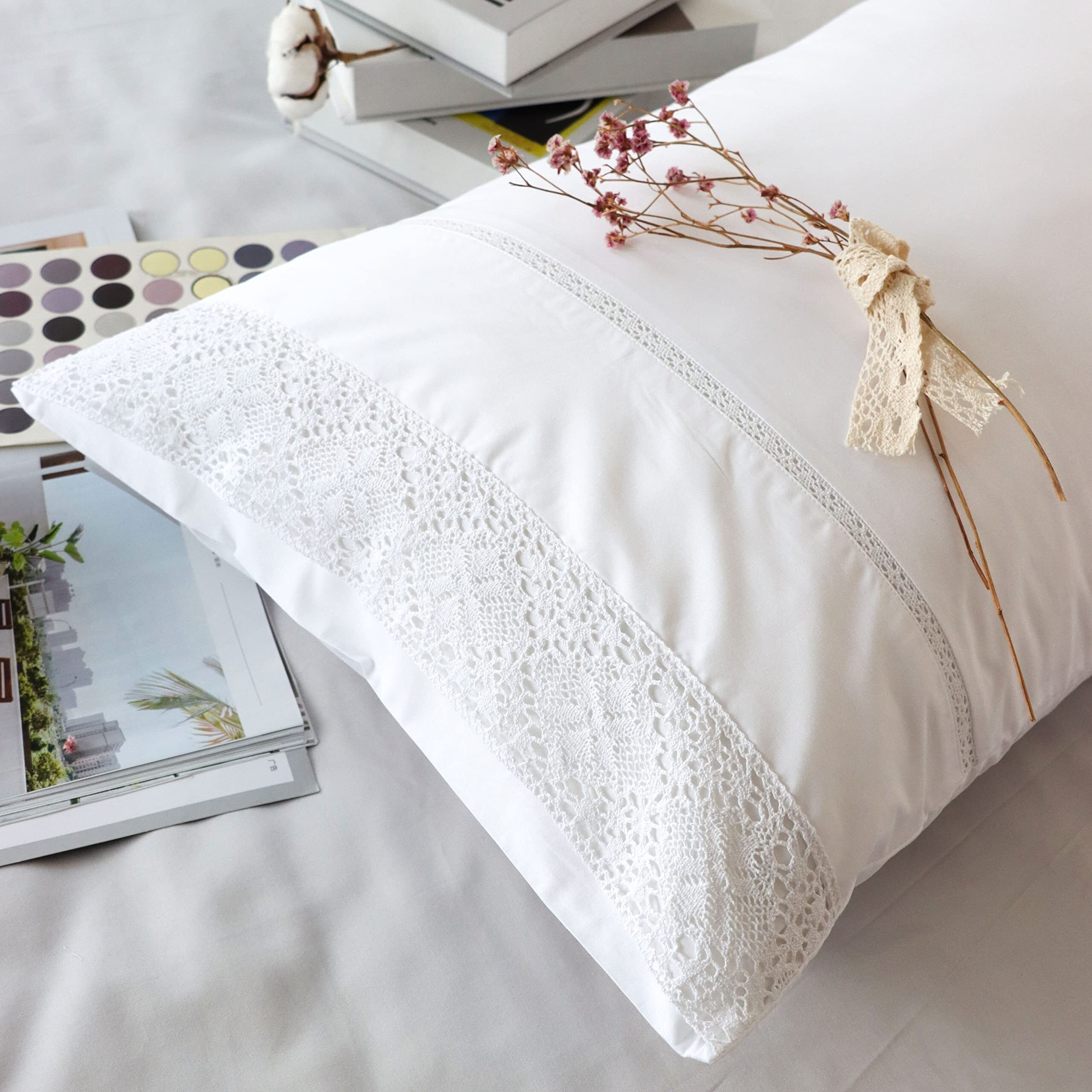 Ranznaz 100% Cotton Lace Pillow Cases King Size Set Of 2 - White Good Feeling Pillowcases 2 Pack With Envelope Closure  Elegant Lace Softer And Breathable Pillow Case (20 X 36)