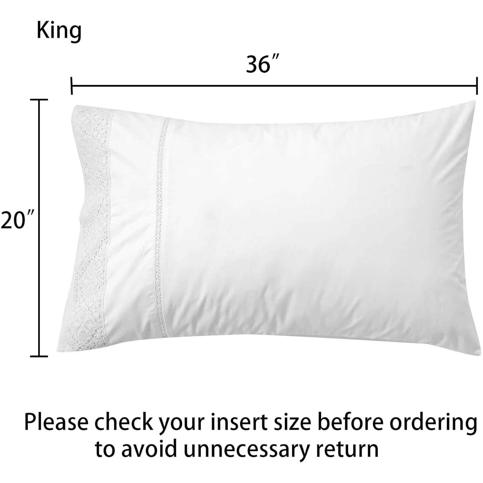 Ranznaz 100% Cotton Lace Pillow Cases King Size Set Of 2 - White Good Feeling Pillowcases 2 Pack With Envelope Closure  Elegant Lace Softer And Breathable Pillow Case (20 X 36)