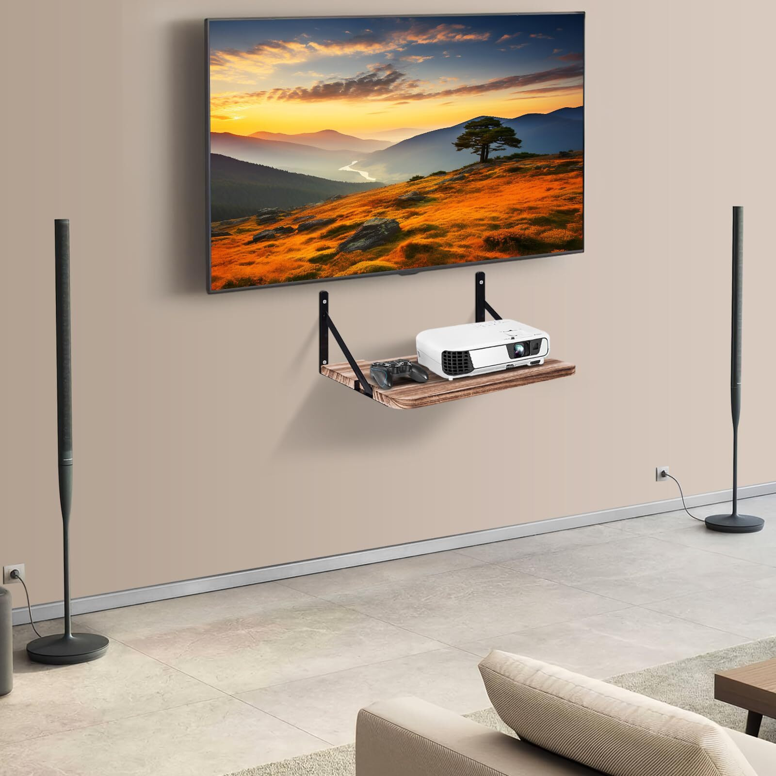 Bearut Projector Shelf 16.2"" X 11""(L*W) Projector Wall Mount Floating Shelf  Projector Stand Projector Rack Holder Projector Mount Router Shelf Modem Cable Box Shelf For Xbox Series Ps5 Ps4 Wood Ss1